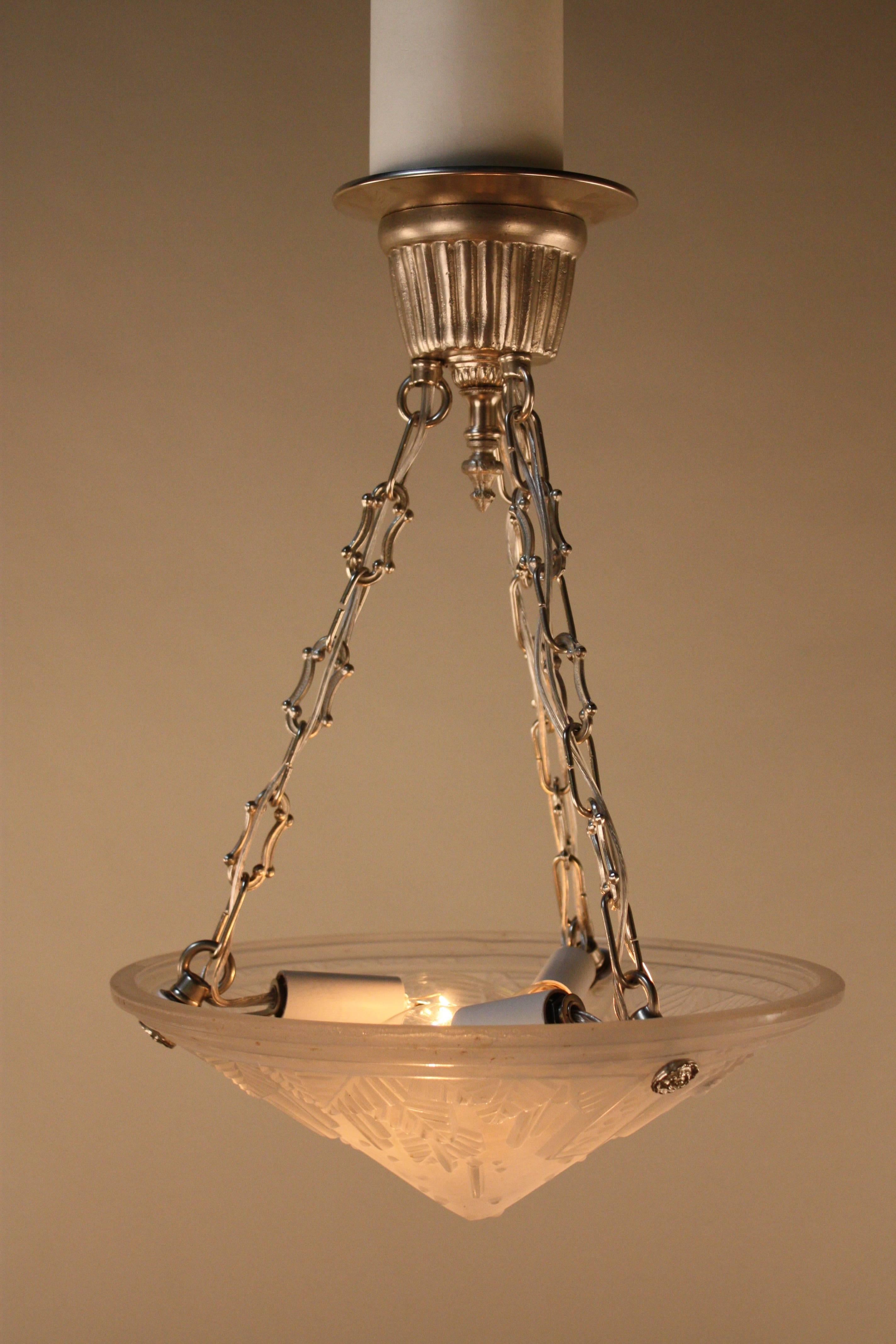 French Art Deco Glass Chandelier by Muller Freres 2