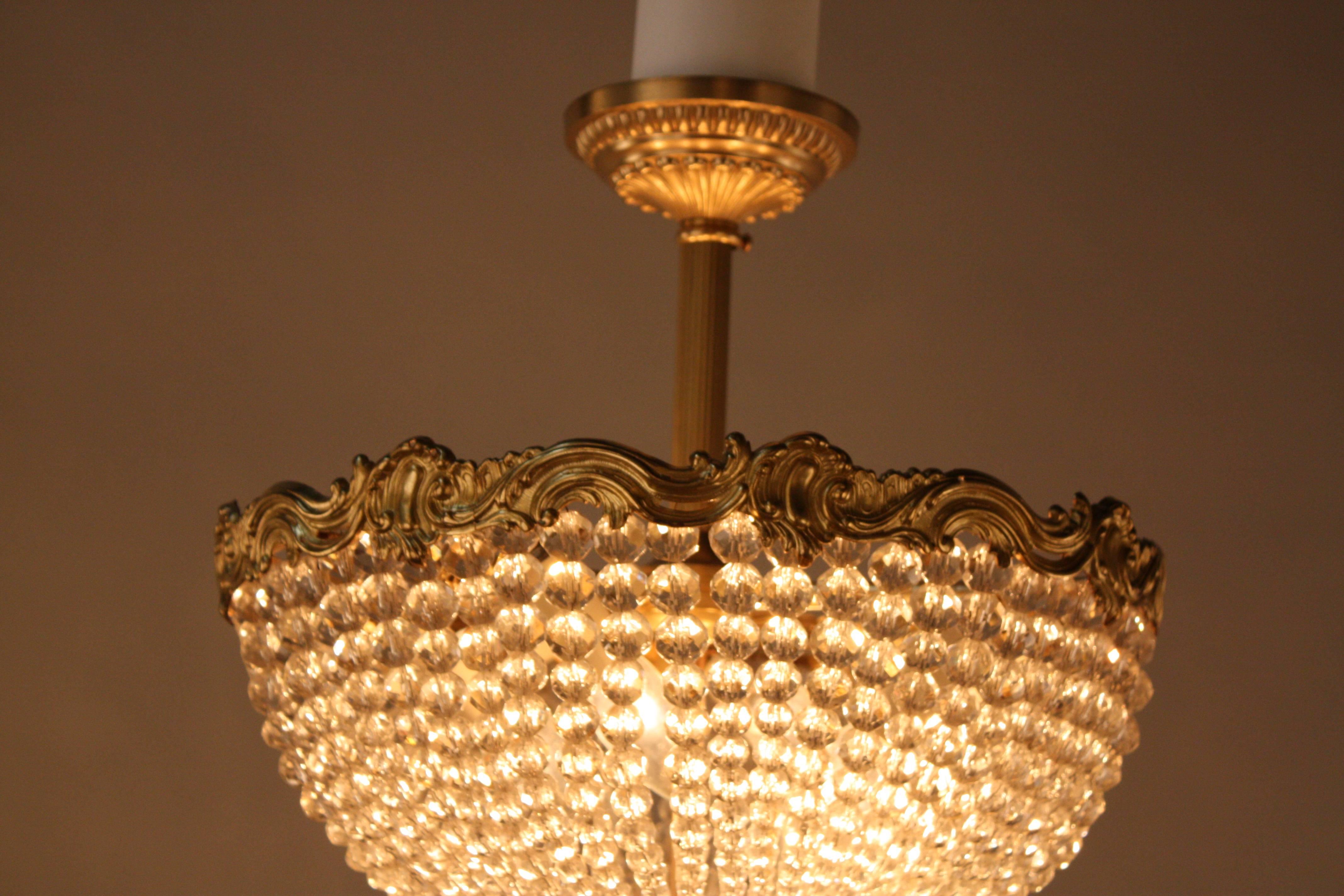 French Crystal Basket and Bronze Semi Flush Mount Chandelier In Good Condition In Fairfax, VA