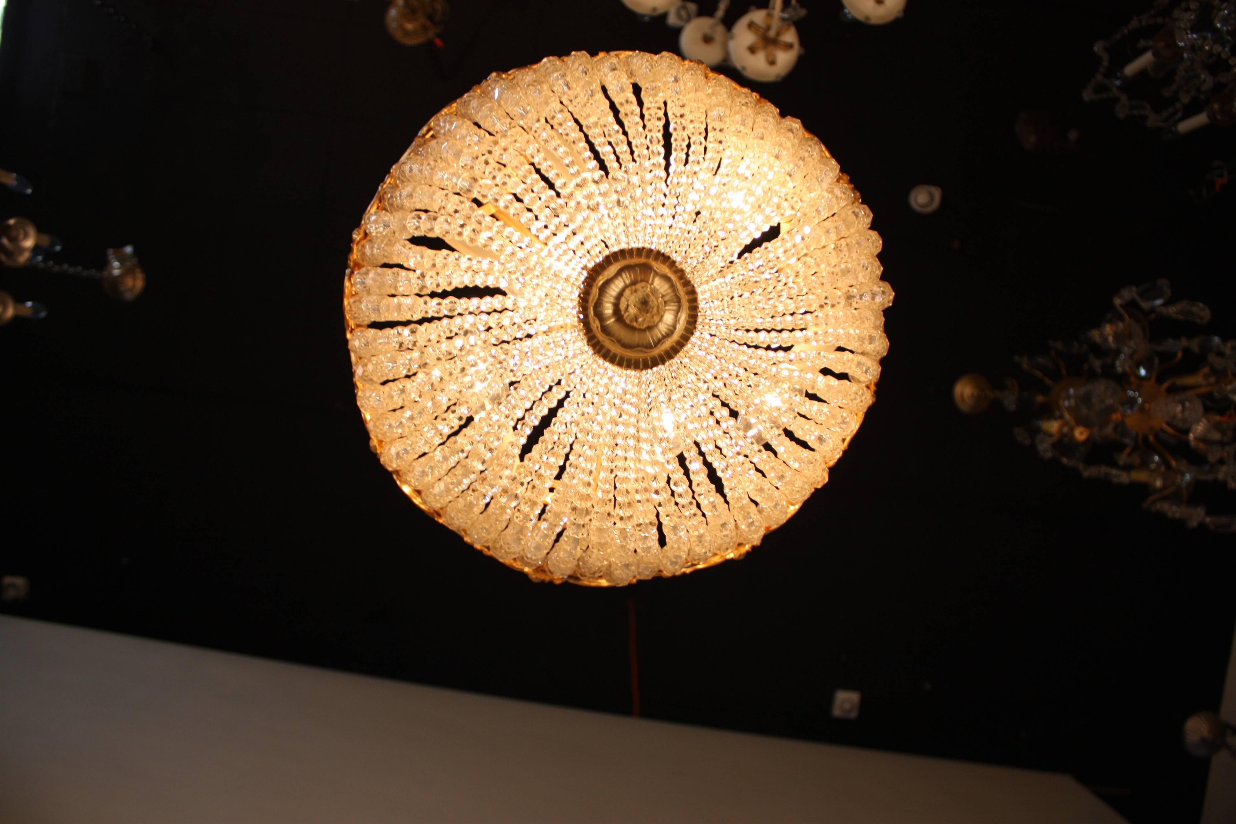 Early 20th Century French Crystal Basket and Bronze Semi Flush Mount Chandelier