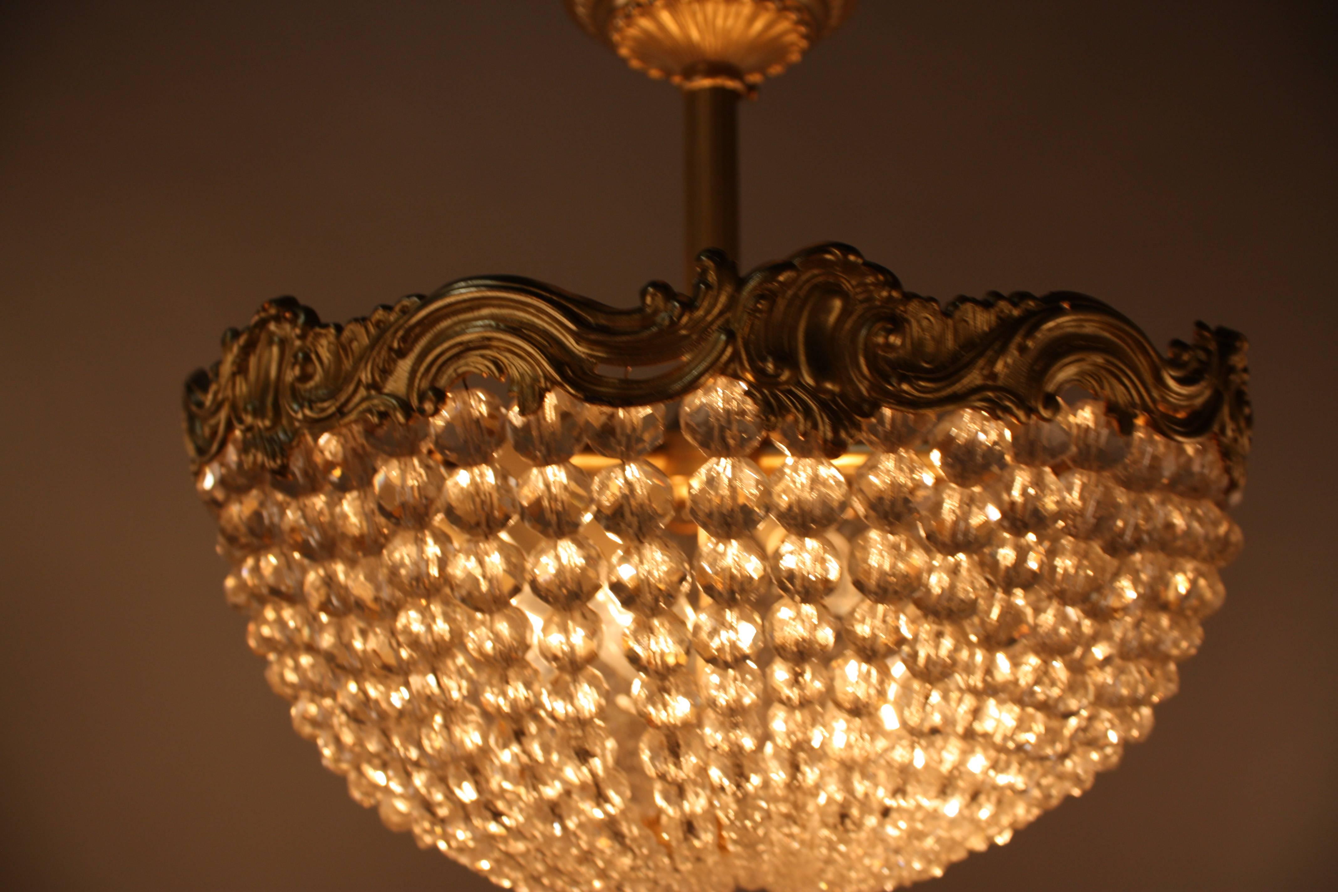 French Crystal Basket and Bronze Semi Flush Mount Chandelier 1