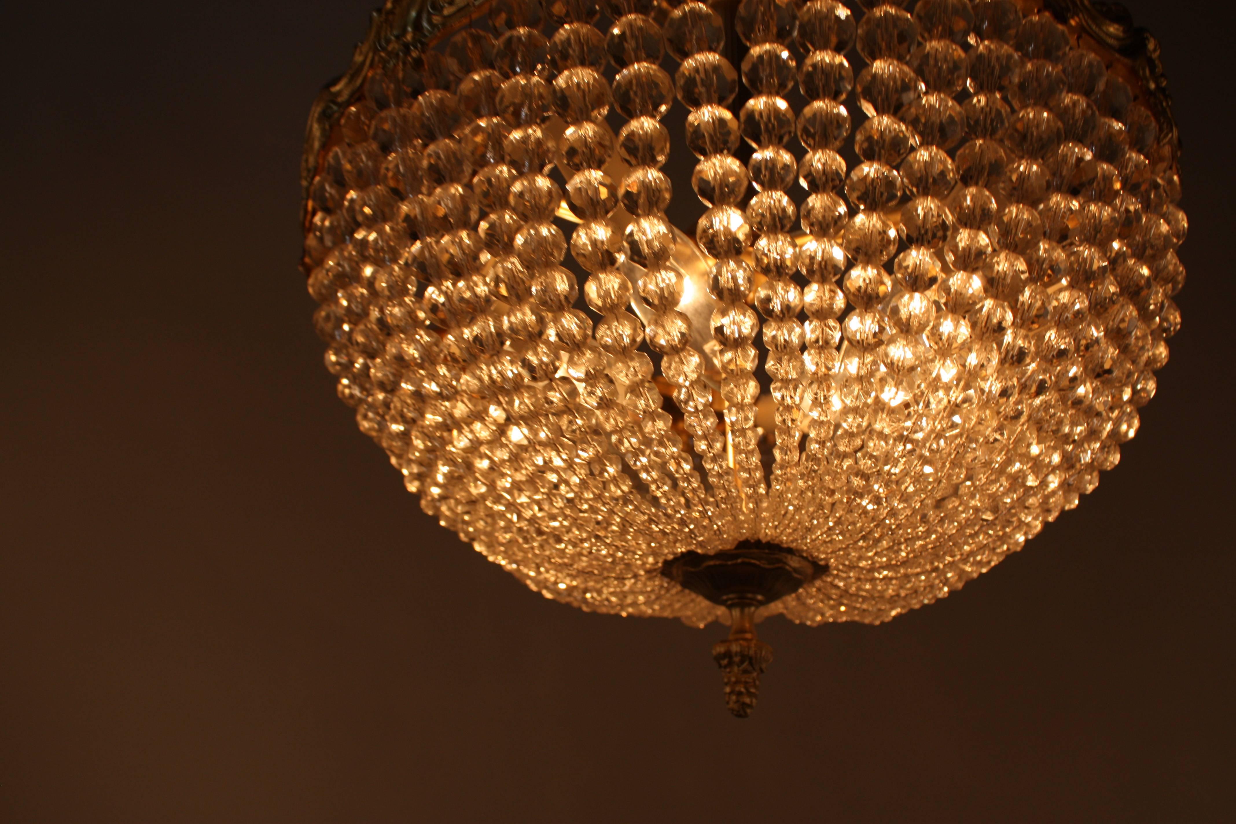 French Crystal Basket and Bronze Semi Flush Mount Chandelier 4