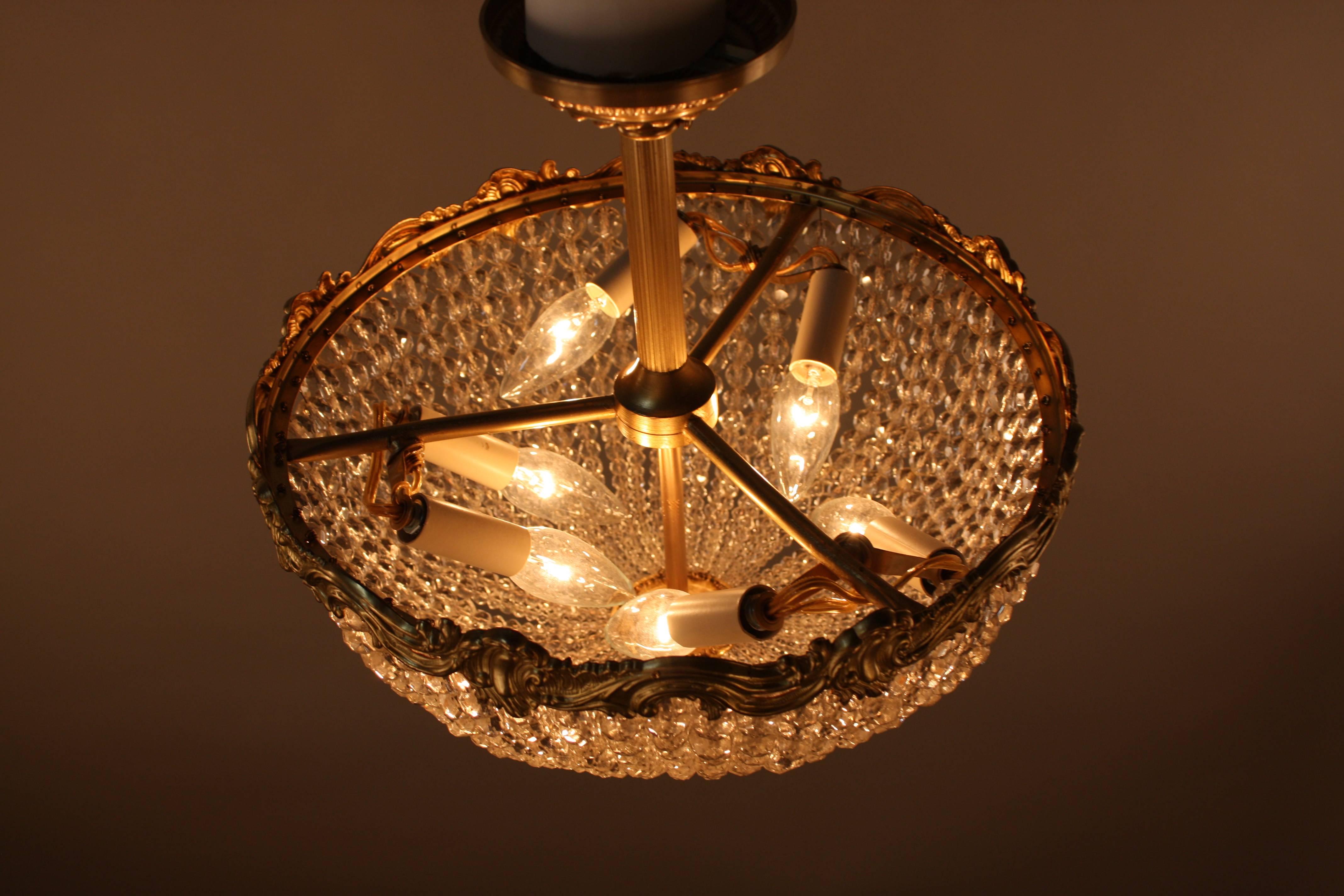French Crystal Basket and Bronze Semi Flush Mount Chandelier 5