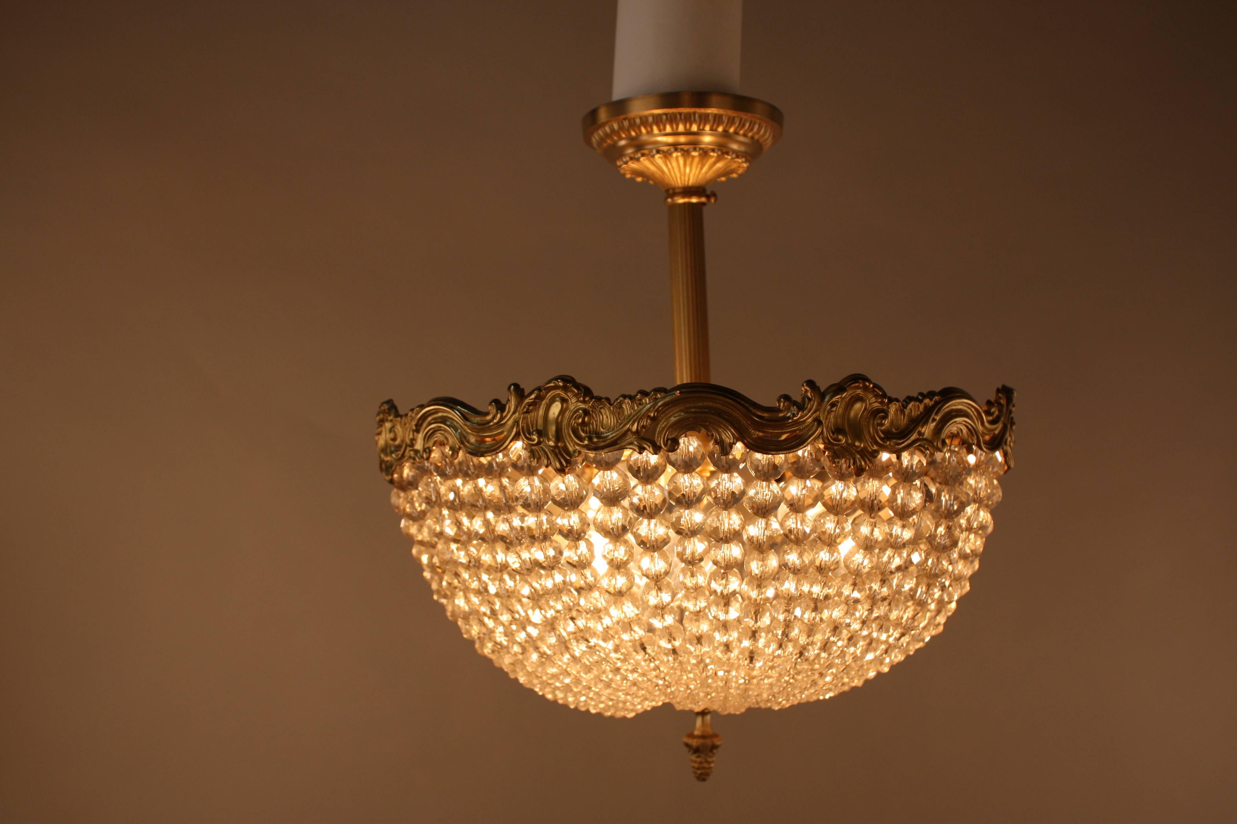 French Crystal Basket and Bronze Semi Flush Mount Chandelier 6