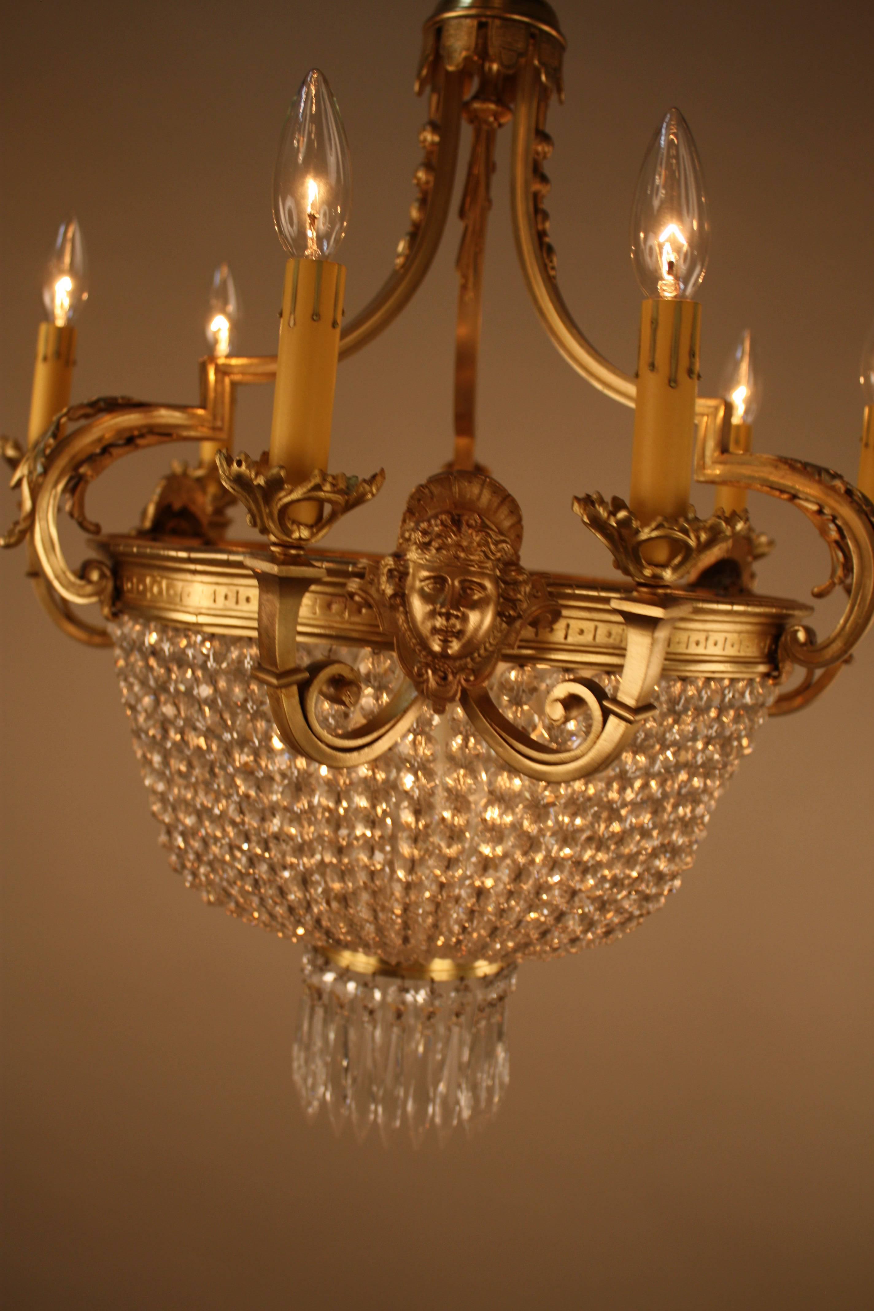 French Bronze and Crystal Basket Louis XVI Style Chandelier In Good Condition In Fairfax, VA