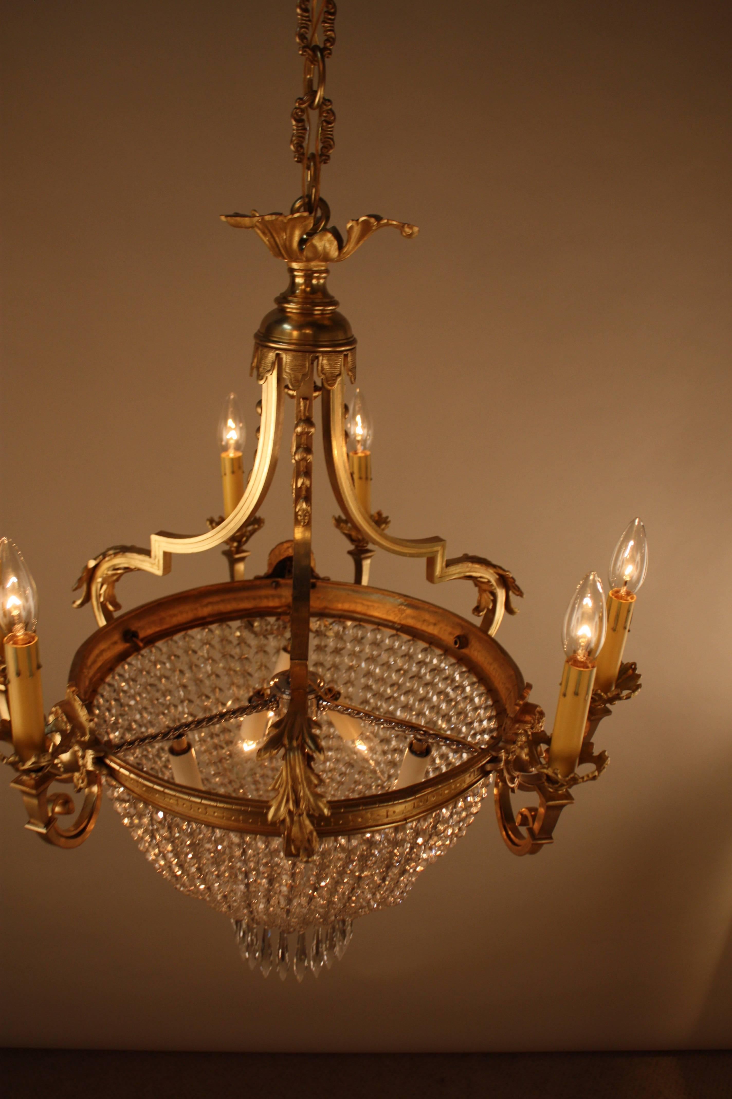 French Bronze and Crystal Basket Louis XVI Style Chandelier 4