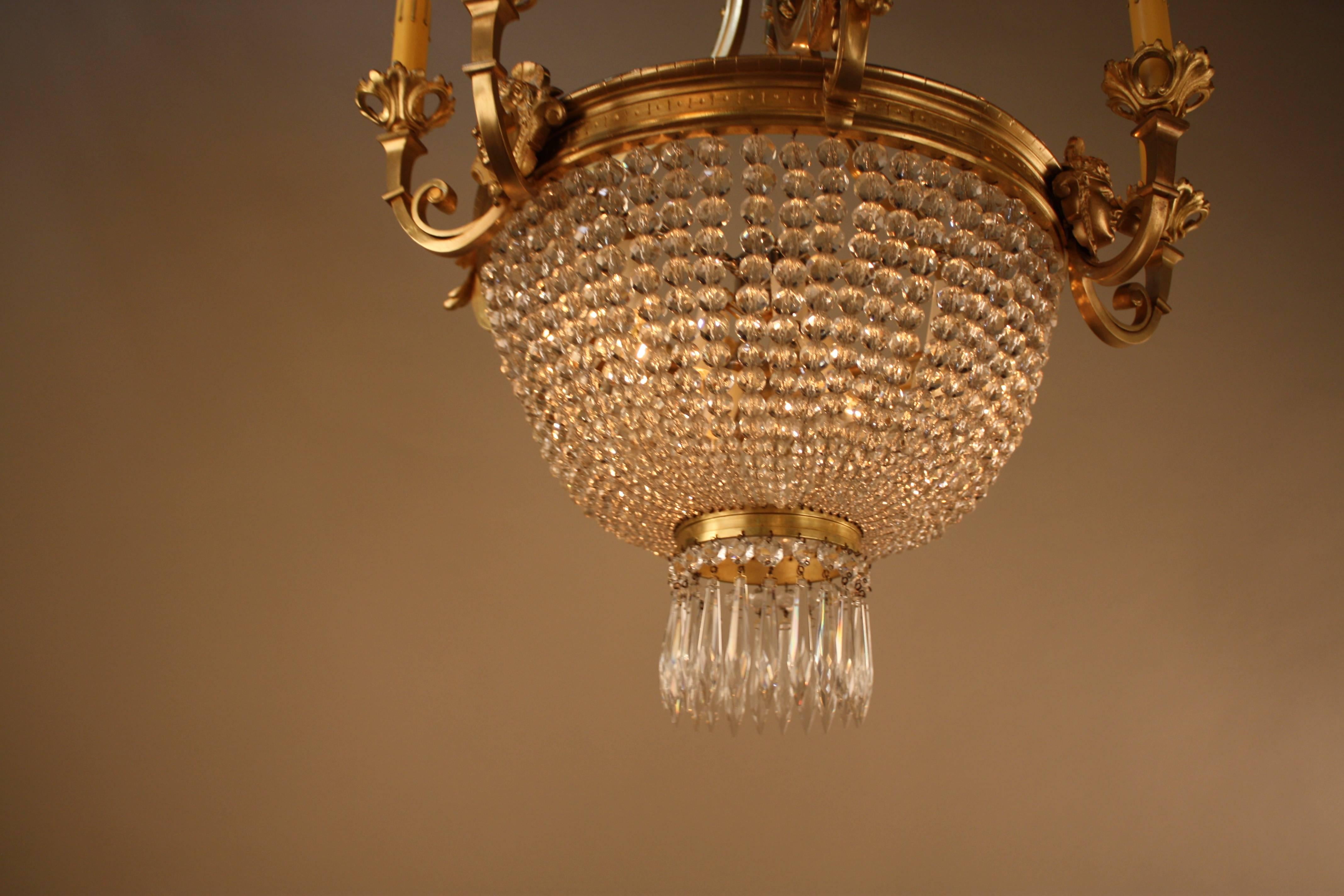 Early 20th Century French Bronze and Crystal Basket Louis XVI Style Chandelier