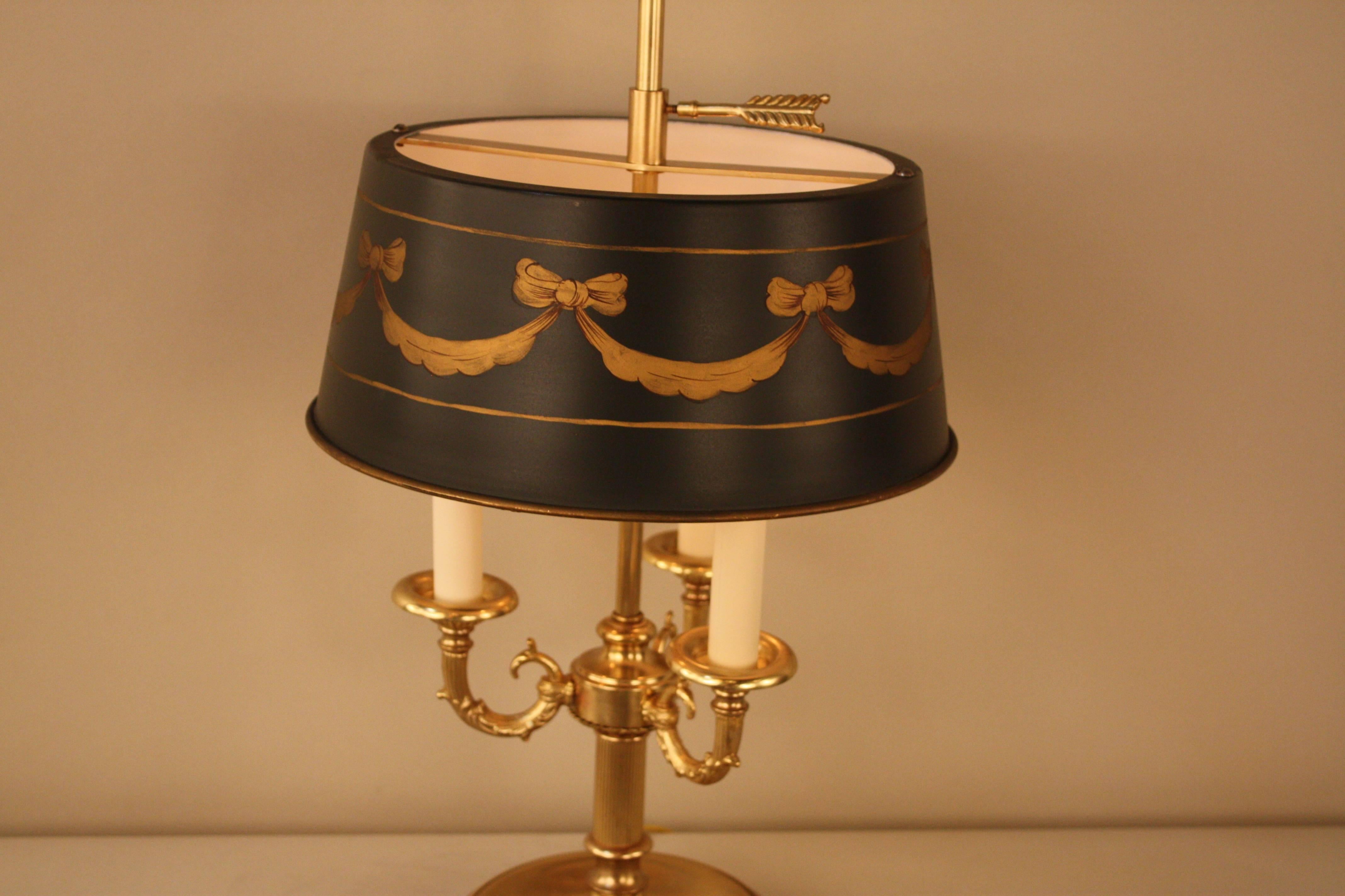 Elegant three-light Empire style French bronze bouillotte desk lamp with painted shade.