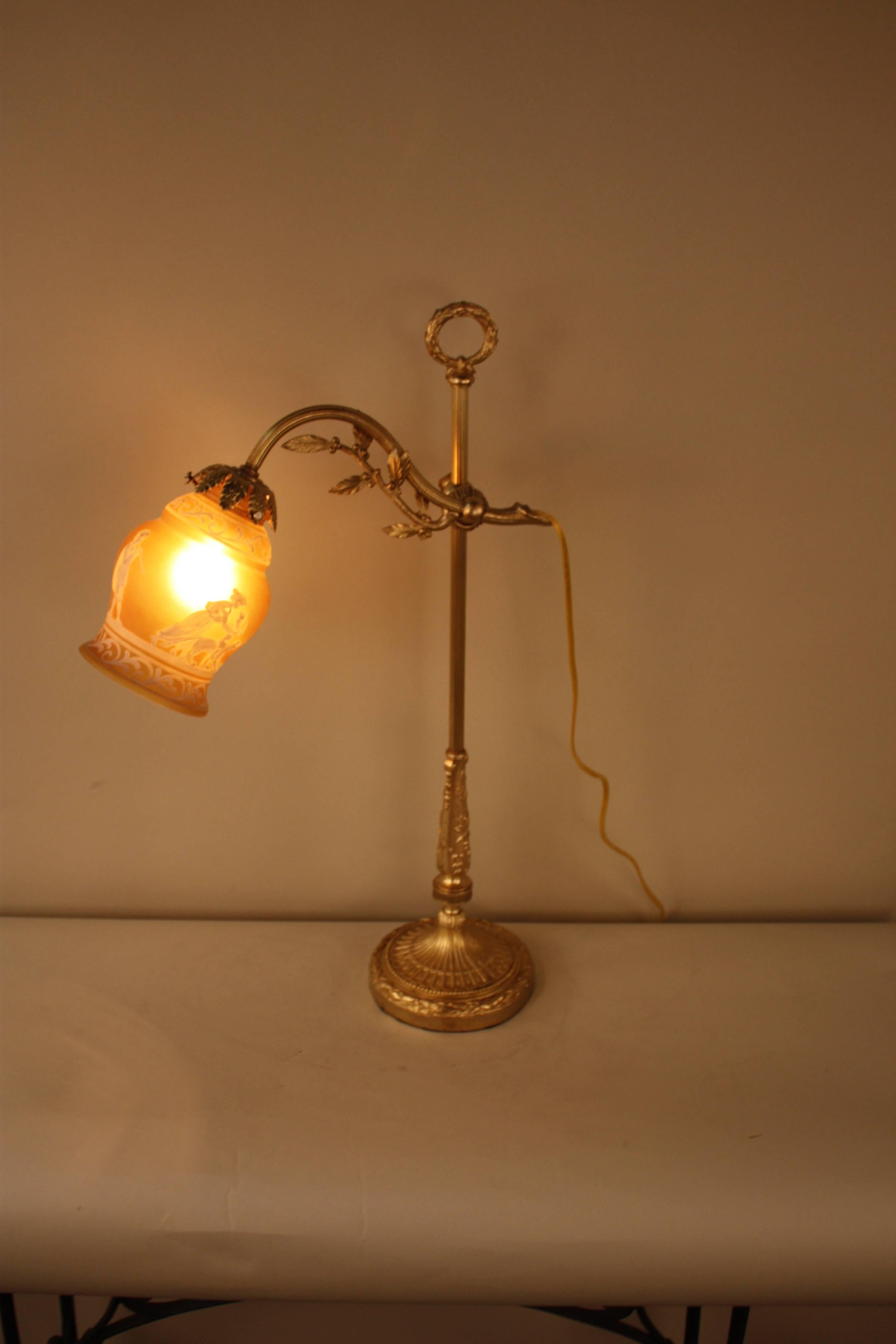 French Bronze Table Lamp with Cameo Glass Shade 4