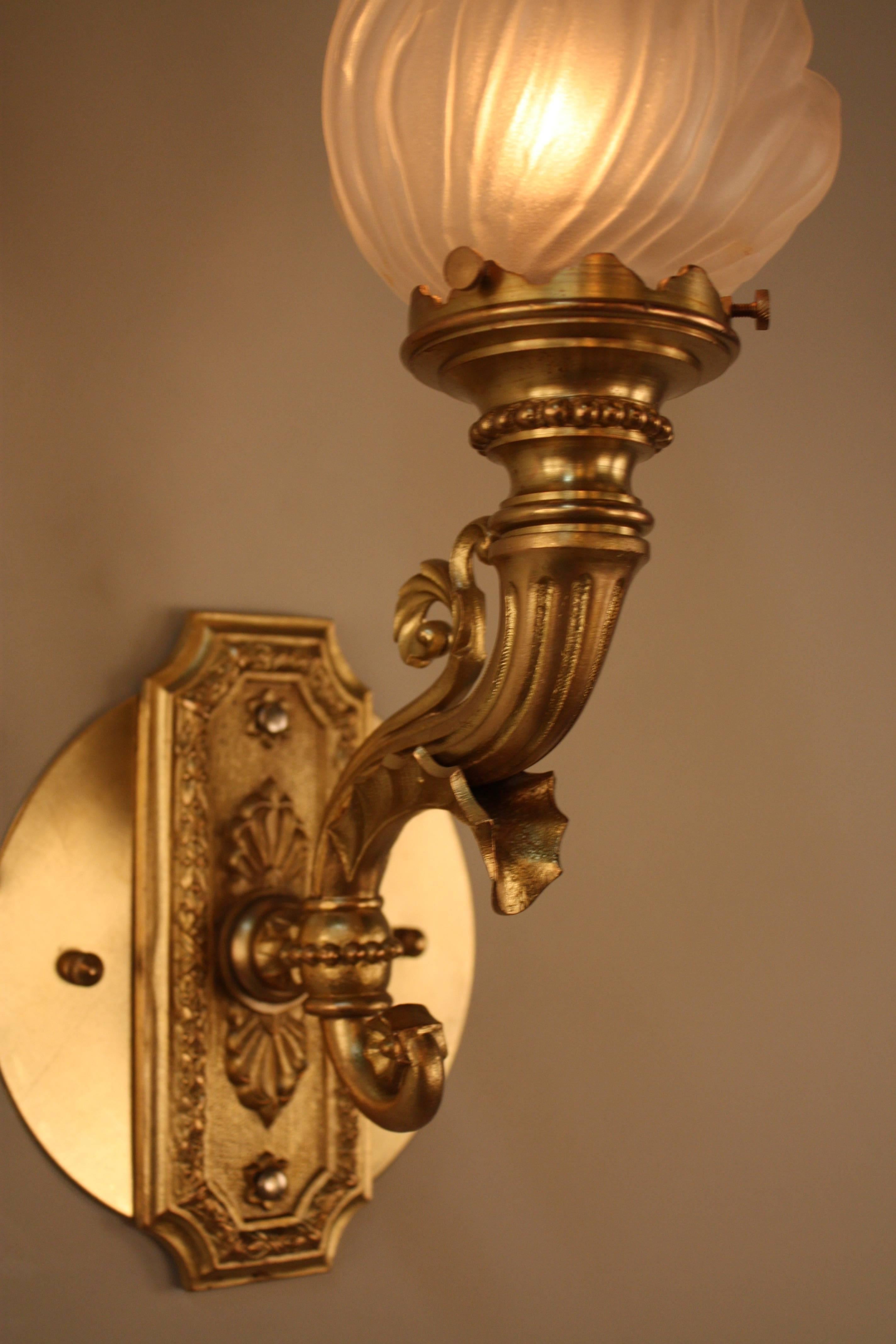 French Pair of Bronze Torch Flame Glass Wall Sconces