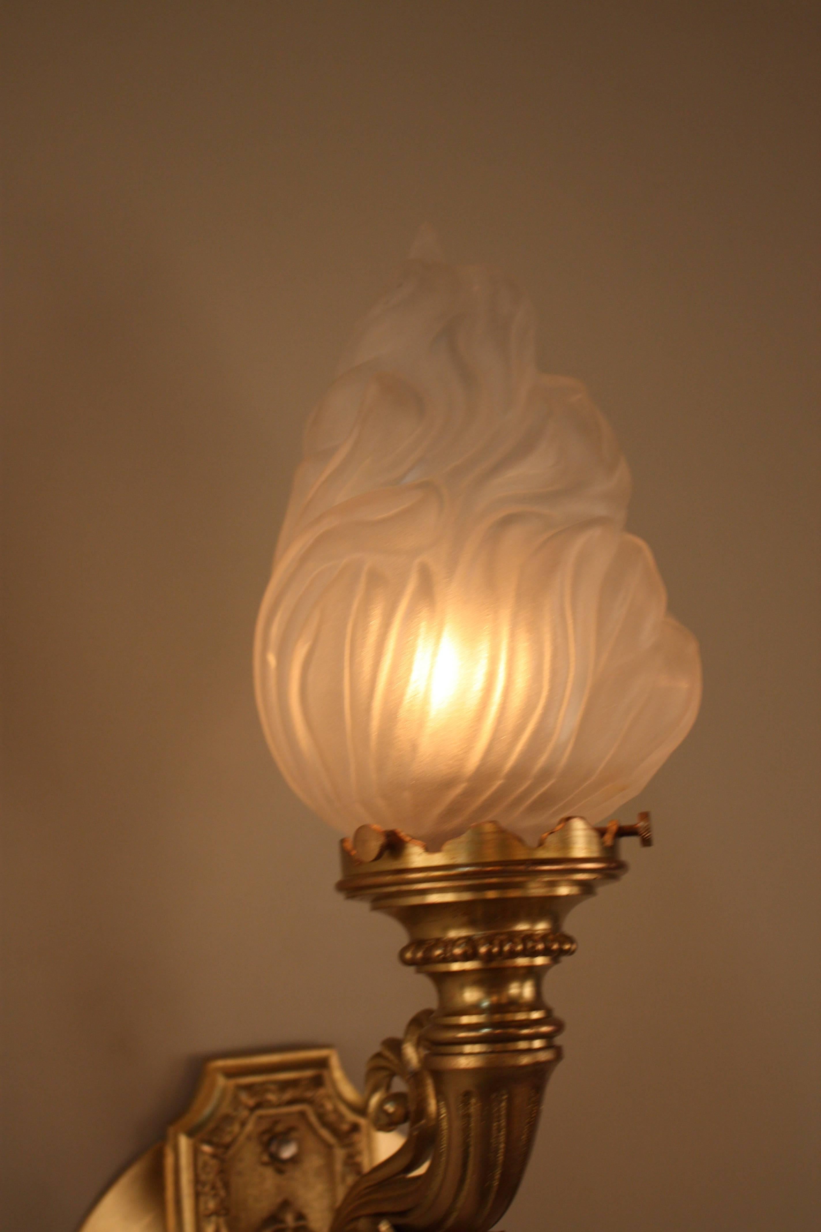 Pair of Bronze Torch Flame Glass Wall Sconces In Good Condition In Fairfax, VA
