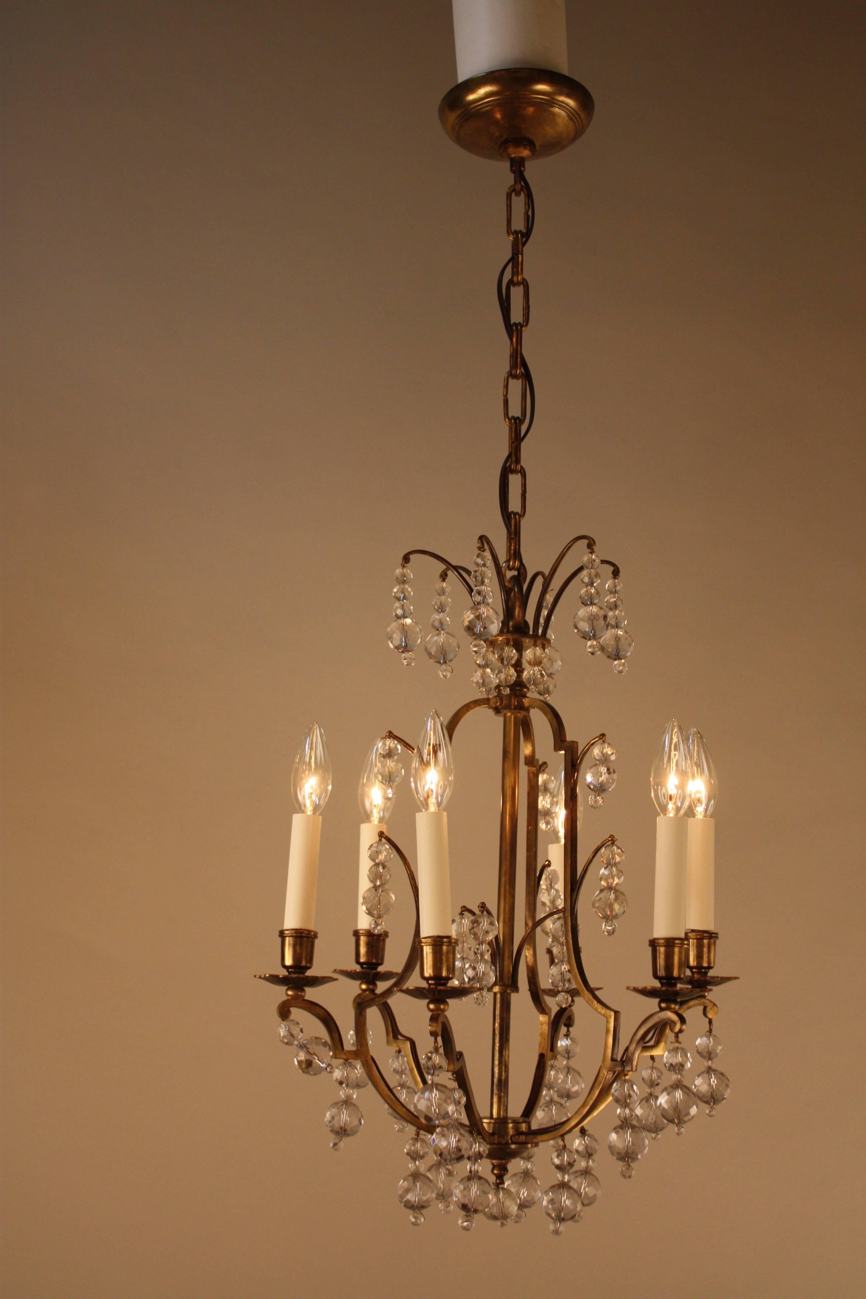 Early 20th Century French Teardrop Crystal and Bronze Chandelier