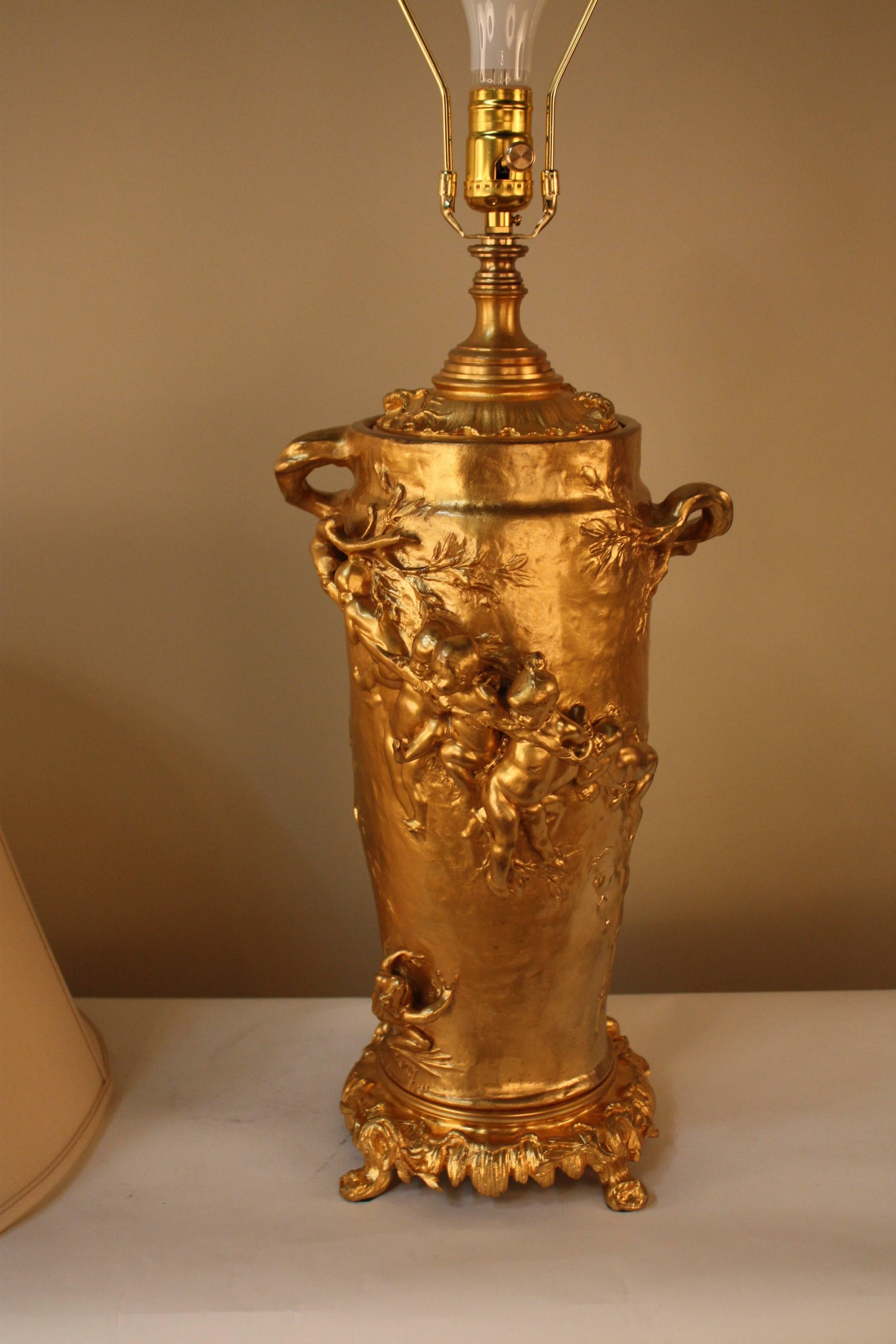 French 19th Century Doré Bronze Table Lamp by Gustave Joseph Cheret