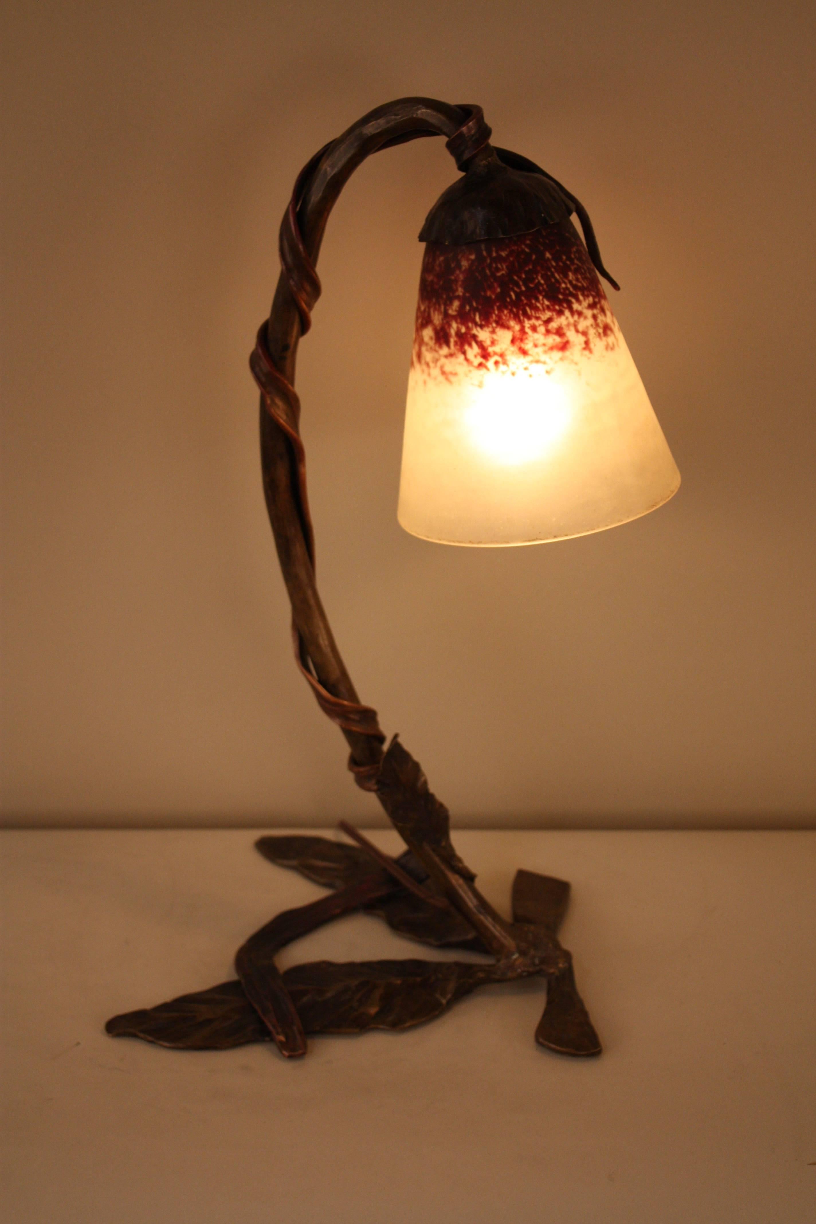 Bronze Art Nouveau Table Lamp with Charles Schneider Glass Shade 4