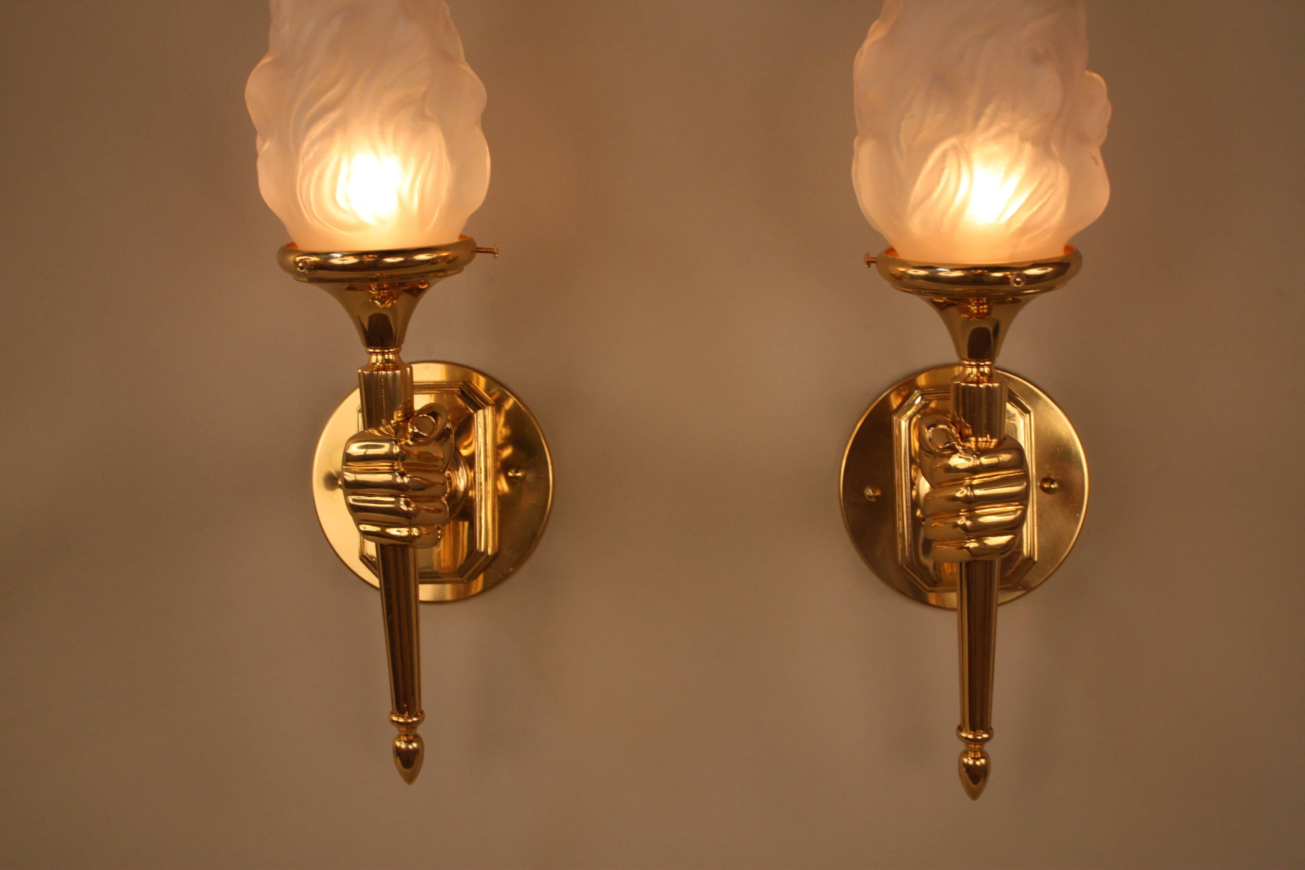 Late 20th Century French Bronze Hand Hold Torch Wall Sconces
