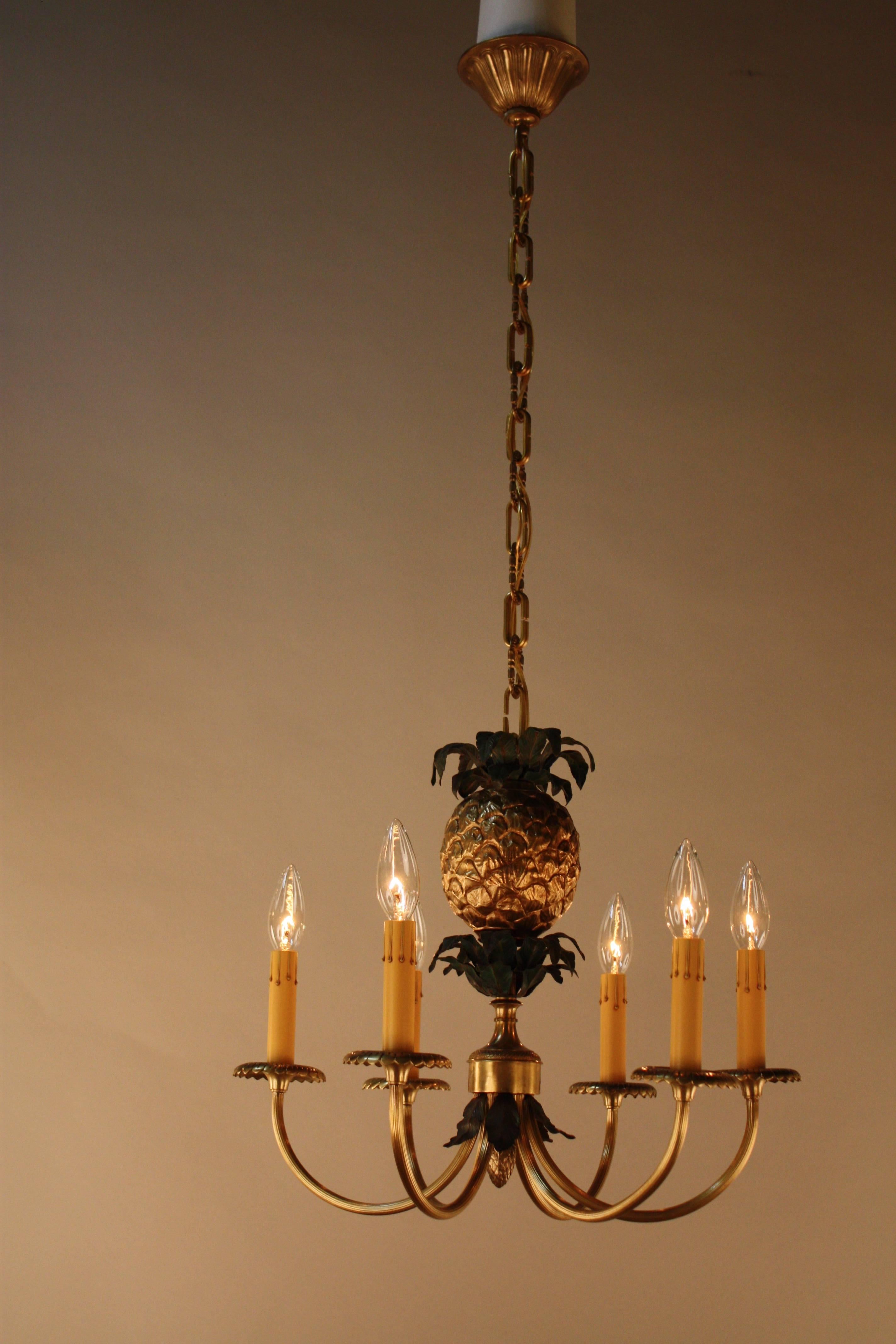 Bronze 1950s six-light pineapple chandelier by Maison Charles.