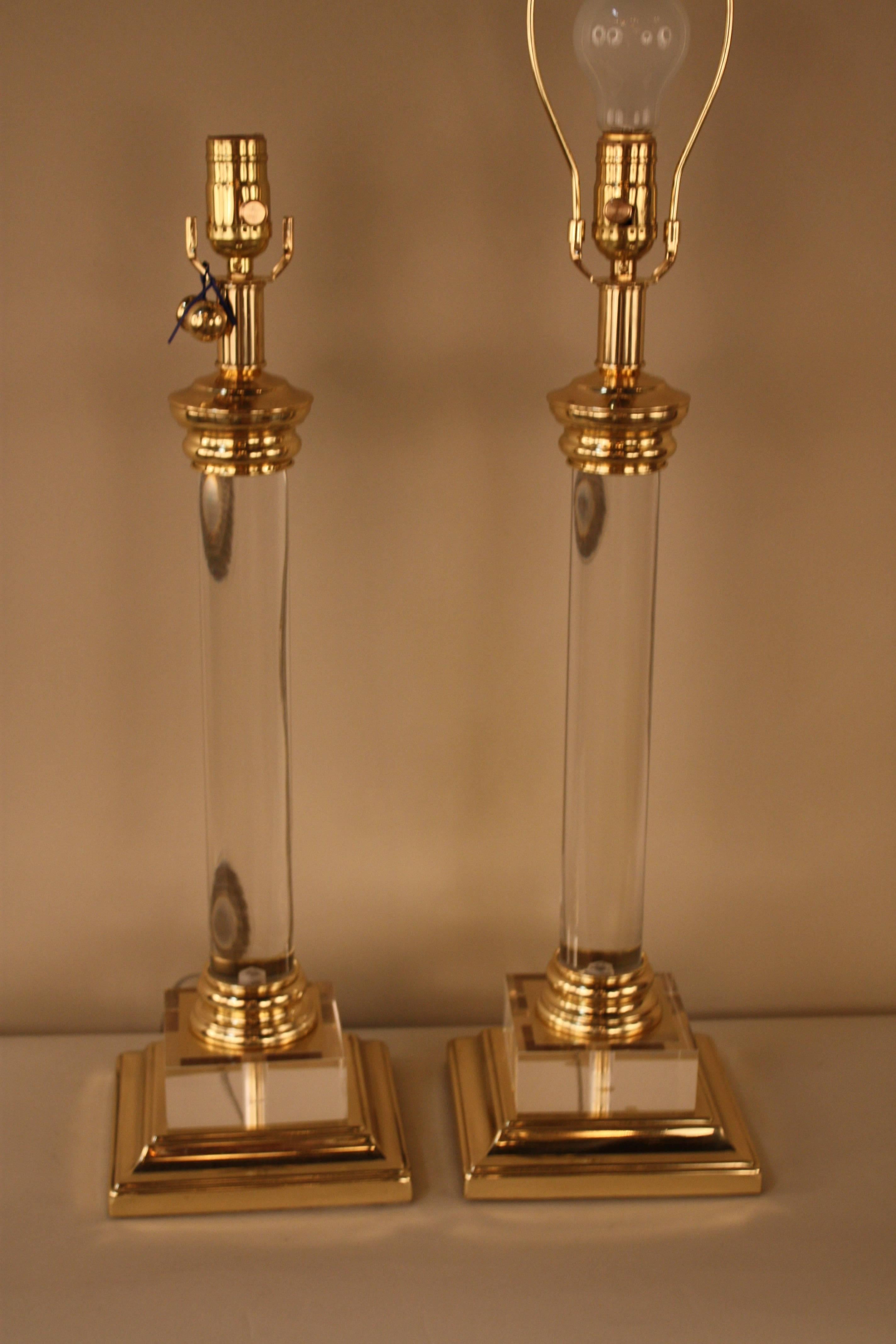 French Pair of Clear Lucite and Bronze Table Lamps