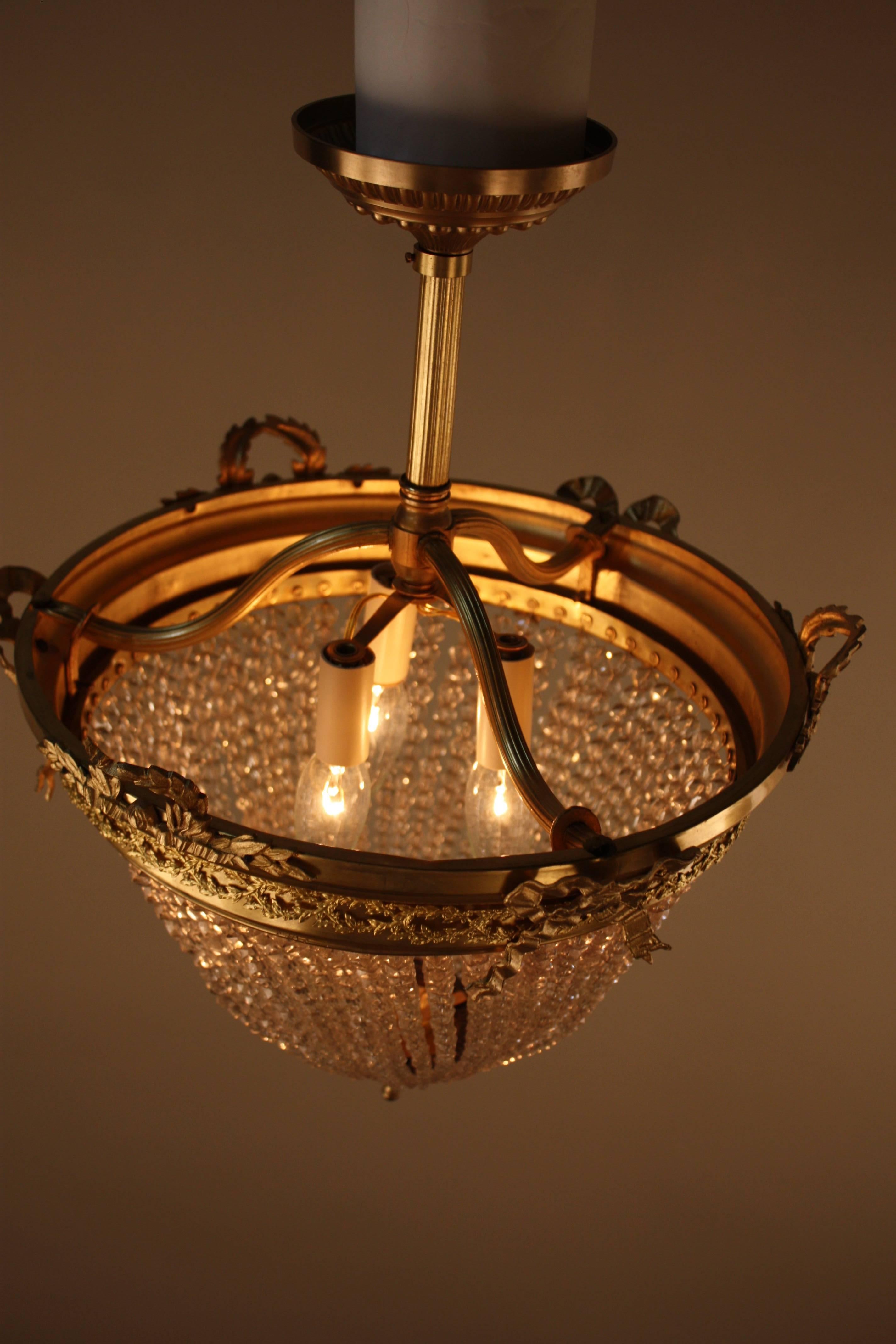 French Crystal Basket and Bronze Semi Flush Mount Chandelier 1