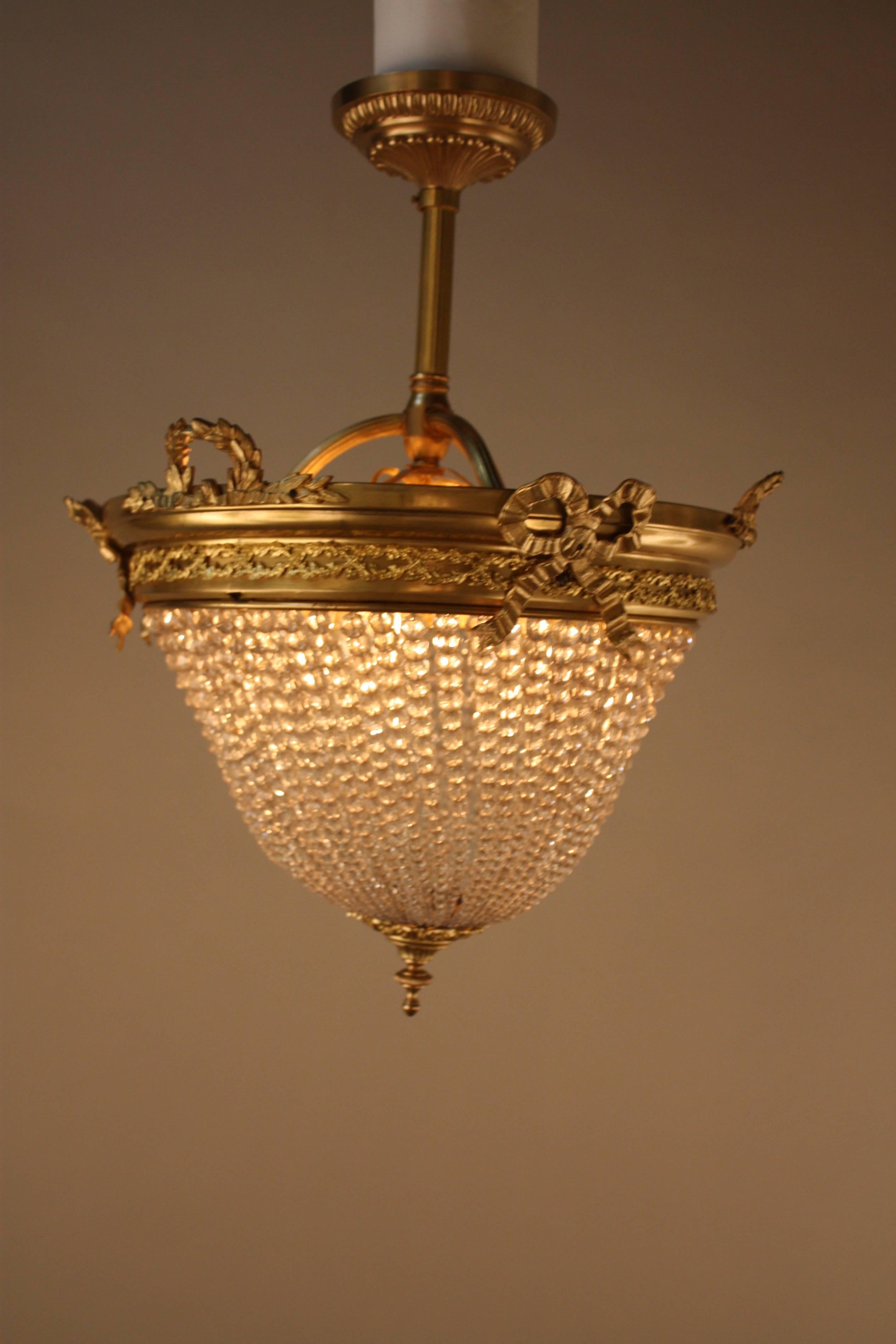 French Crystal Basket and Bronze Semi Flush Mount Chandelier 4