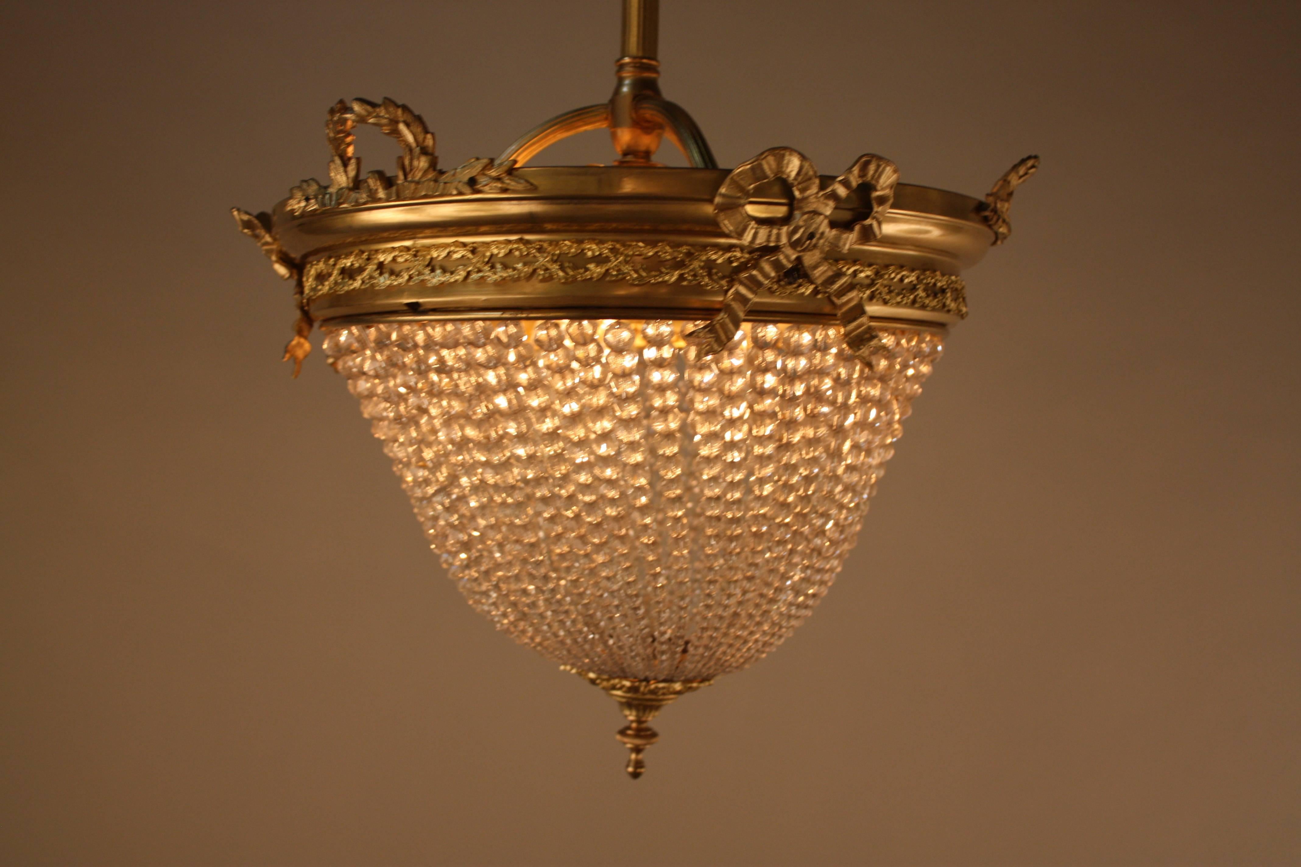 Early 20th Century French Crystal Basket and Bronze Semi Flush Mount Chandelier