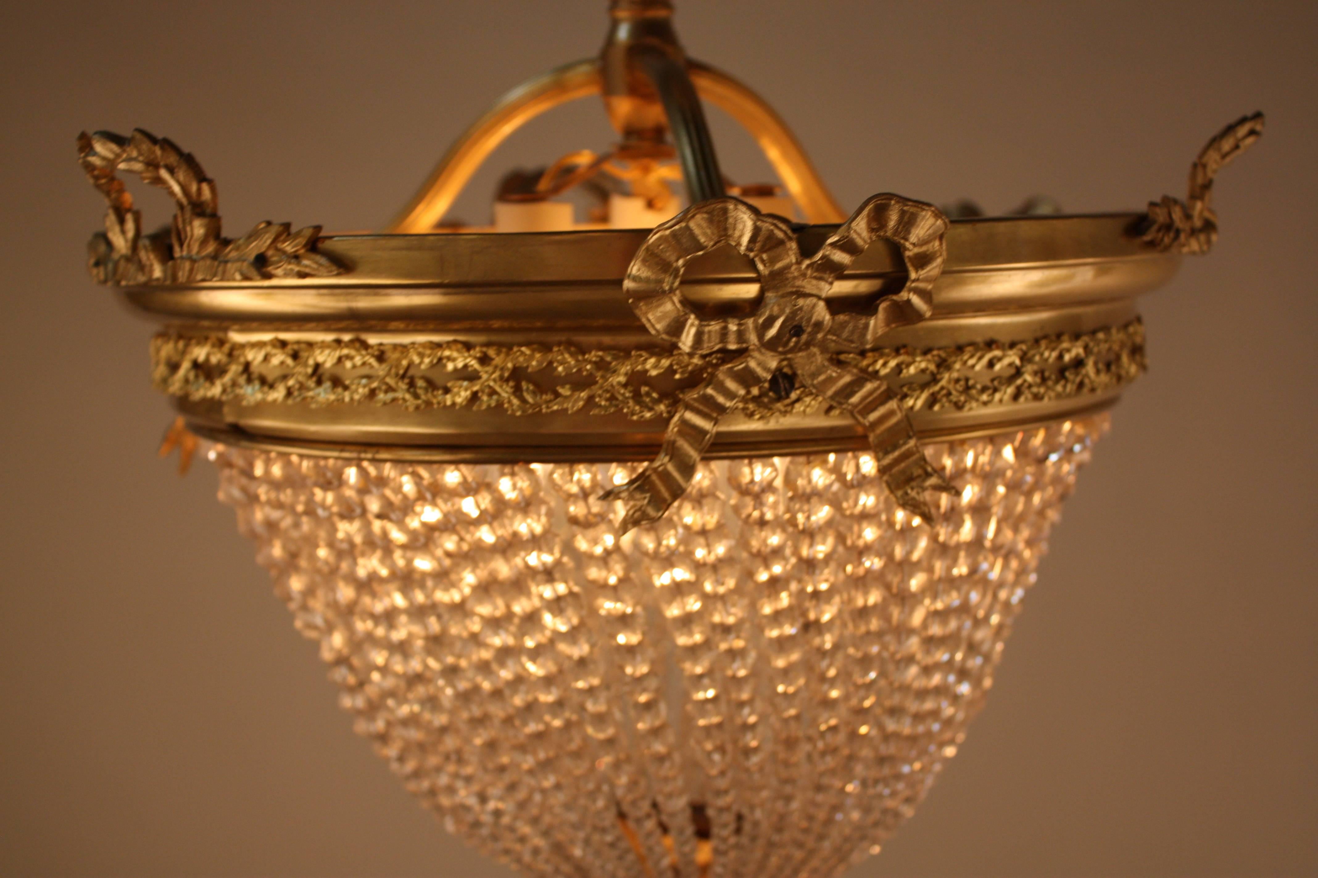 French Crystal Basket and Bronze Semi Flush Mount Chandelier 2