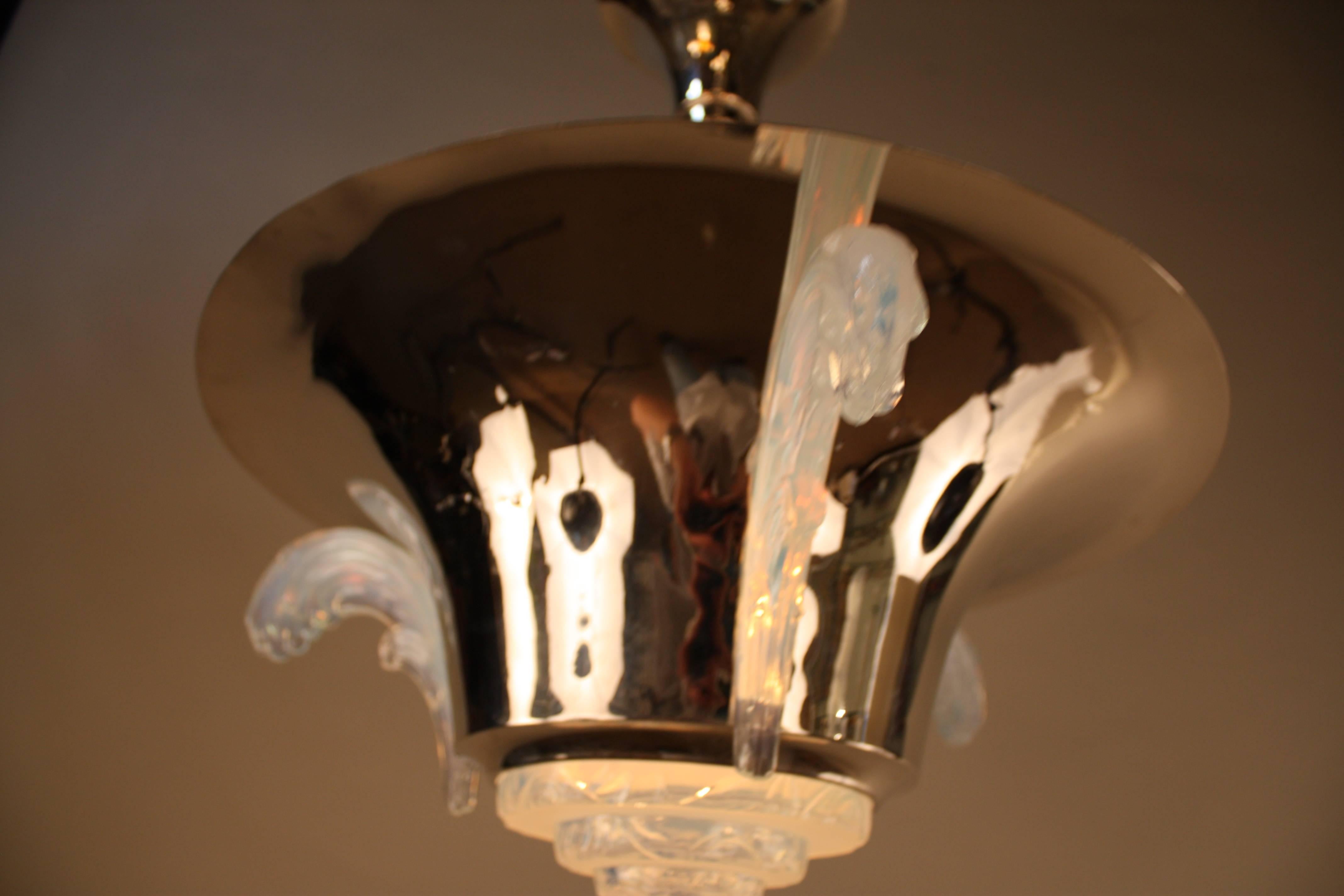 French Nickel and Opaline Glass Art Deco Chandelier 3