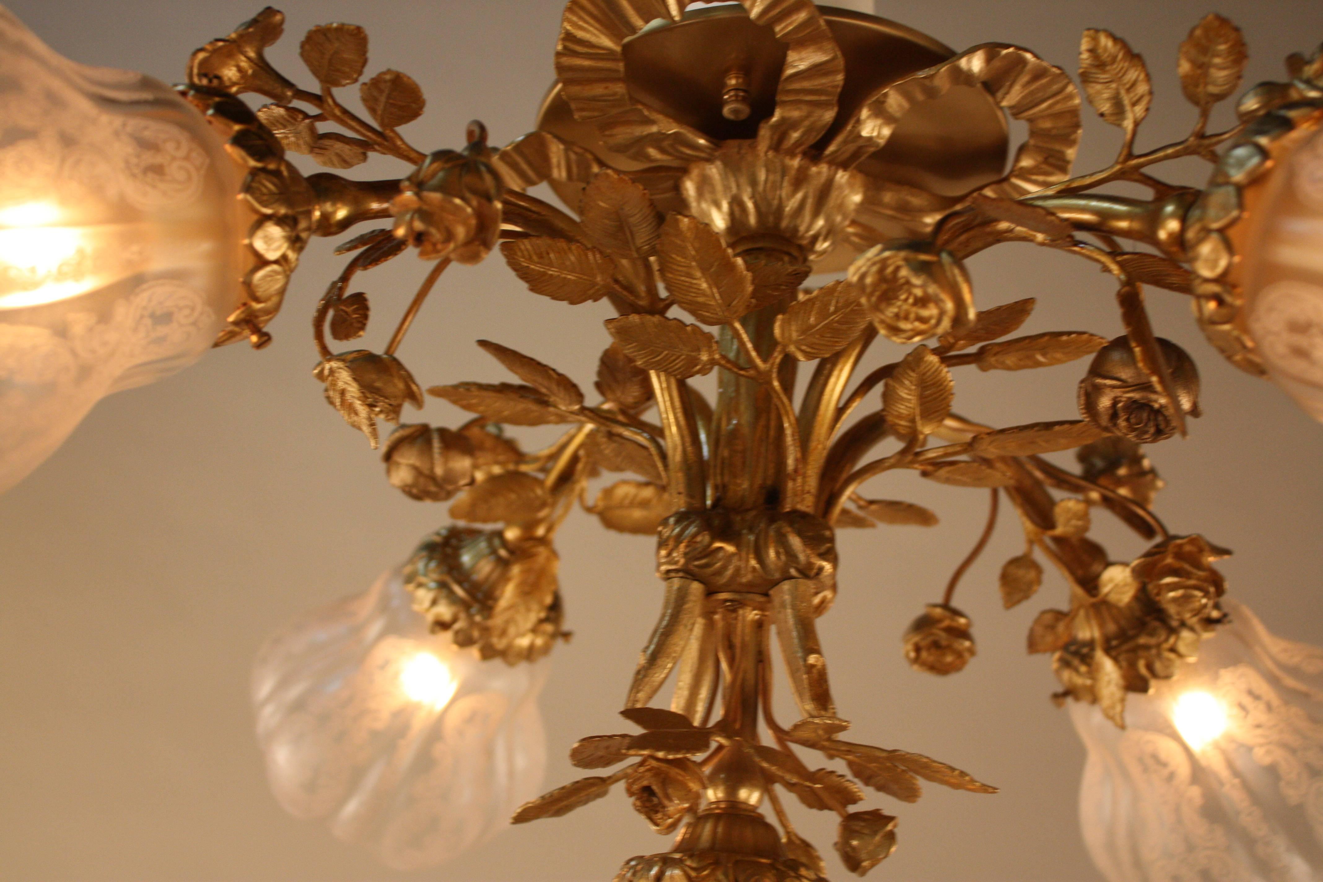 French Bronze and Etched Glass Flush Mount Chandelier In Good Condition In Fairfax, VA