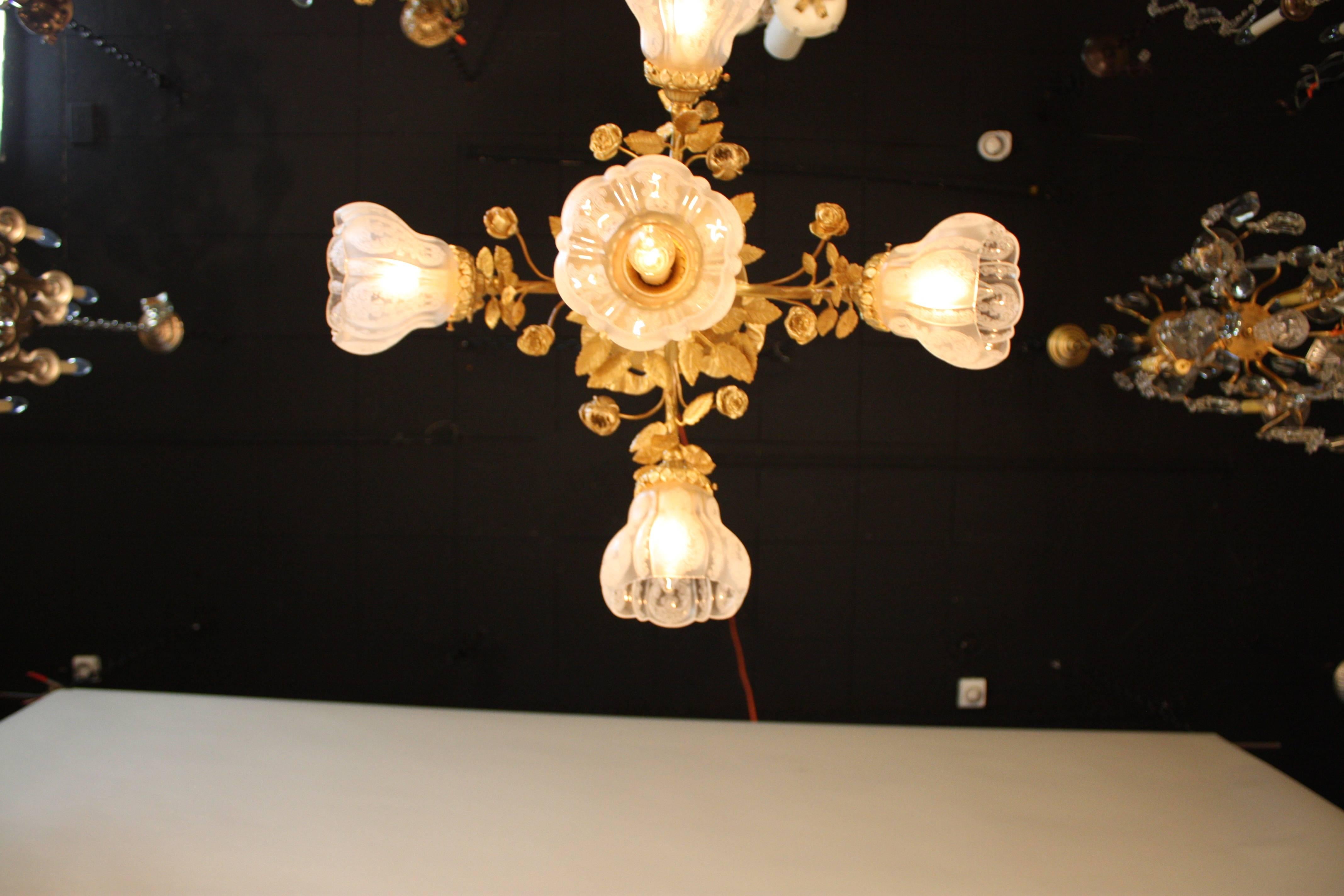 Early 20th Century French Bronze and Etched Glass Flush Mount Chandelier