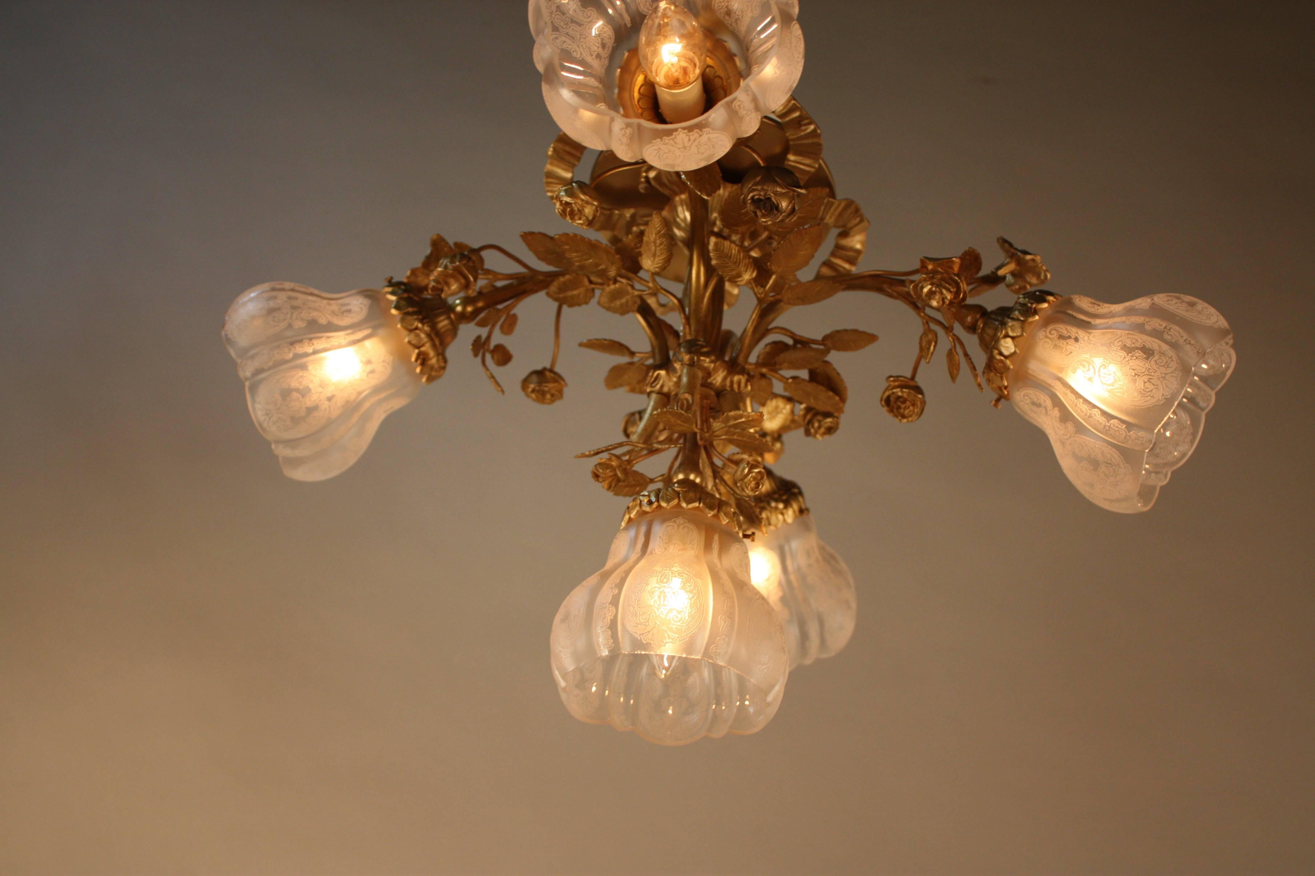 French Bronze and Etched Glass Flush Mount Chandelier 1