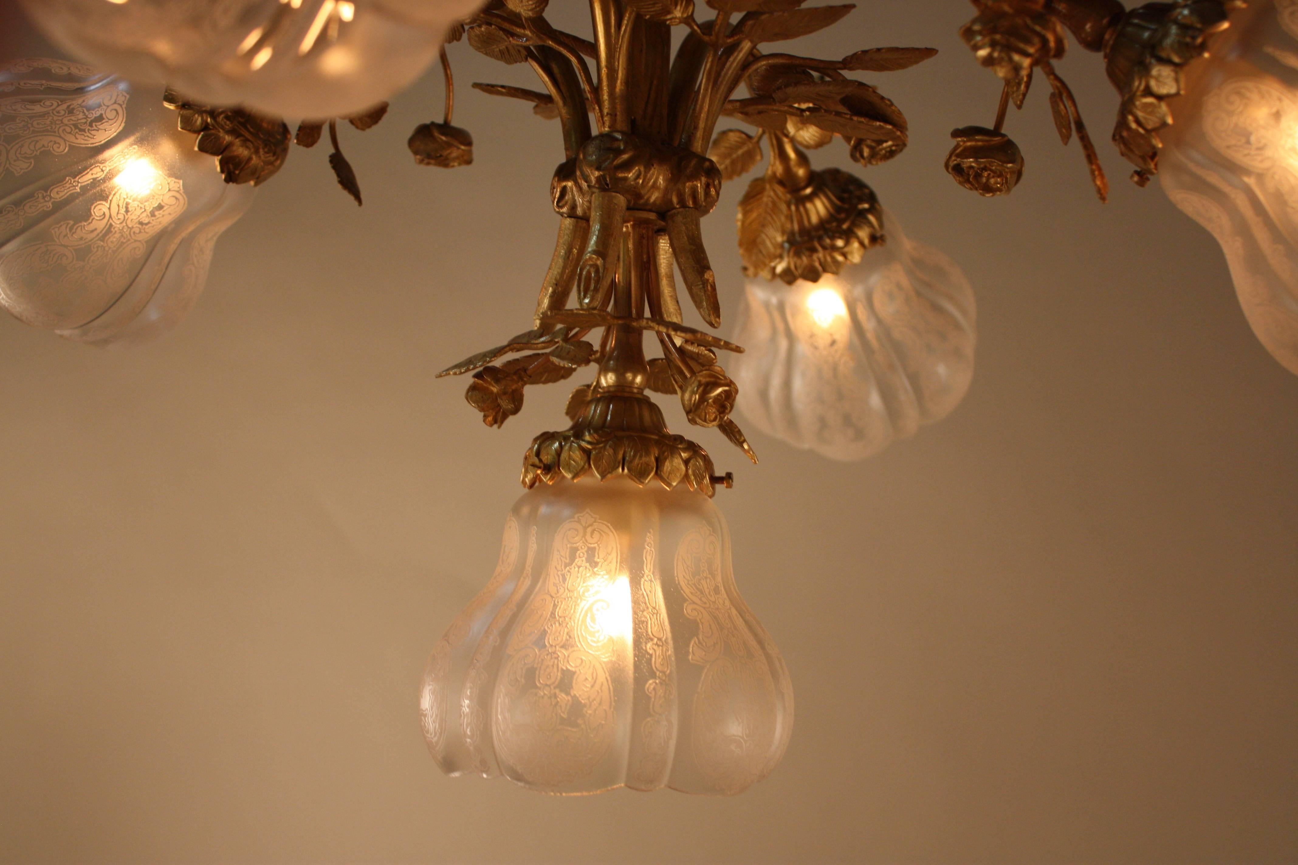 French Bronze and Etched Glass Flush Mount Chandelier 3