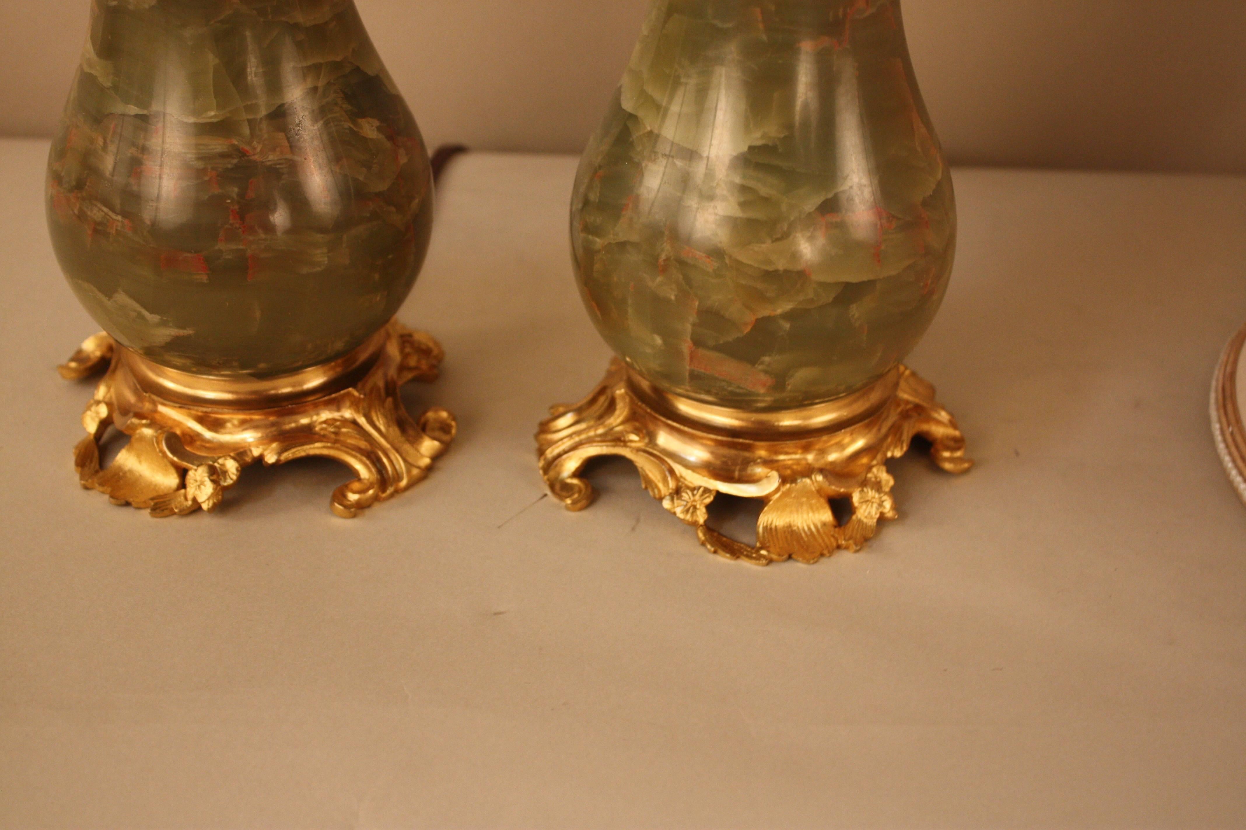 Neoclassical Pair of French Onyx and Doré Bronze Table Lamps