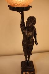 Bronze Art Deco Lamp Man Holding Glass Shade