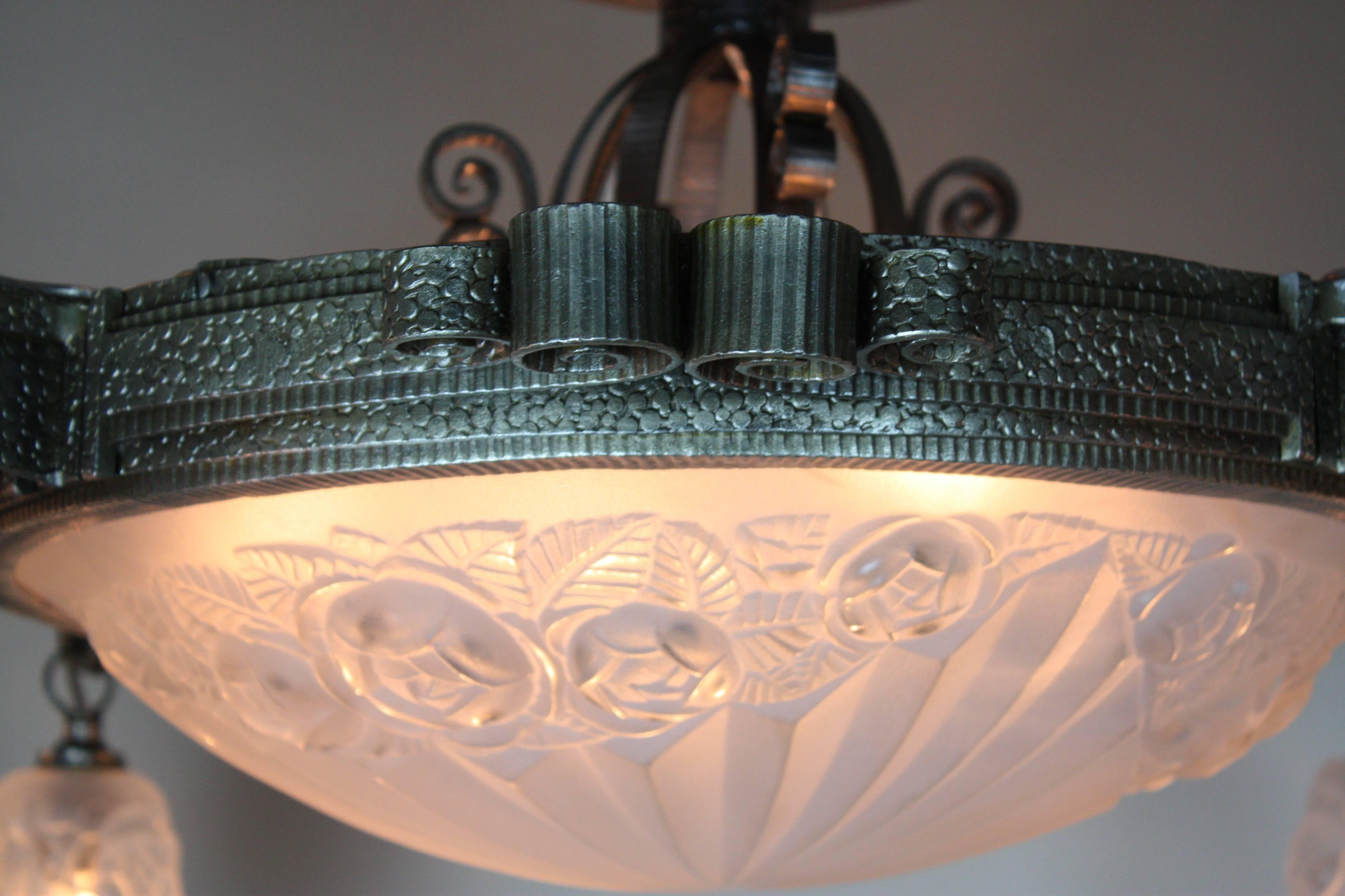 Glass French Art Deco Flush Mount Chandelier by Degue
