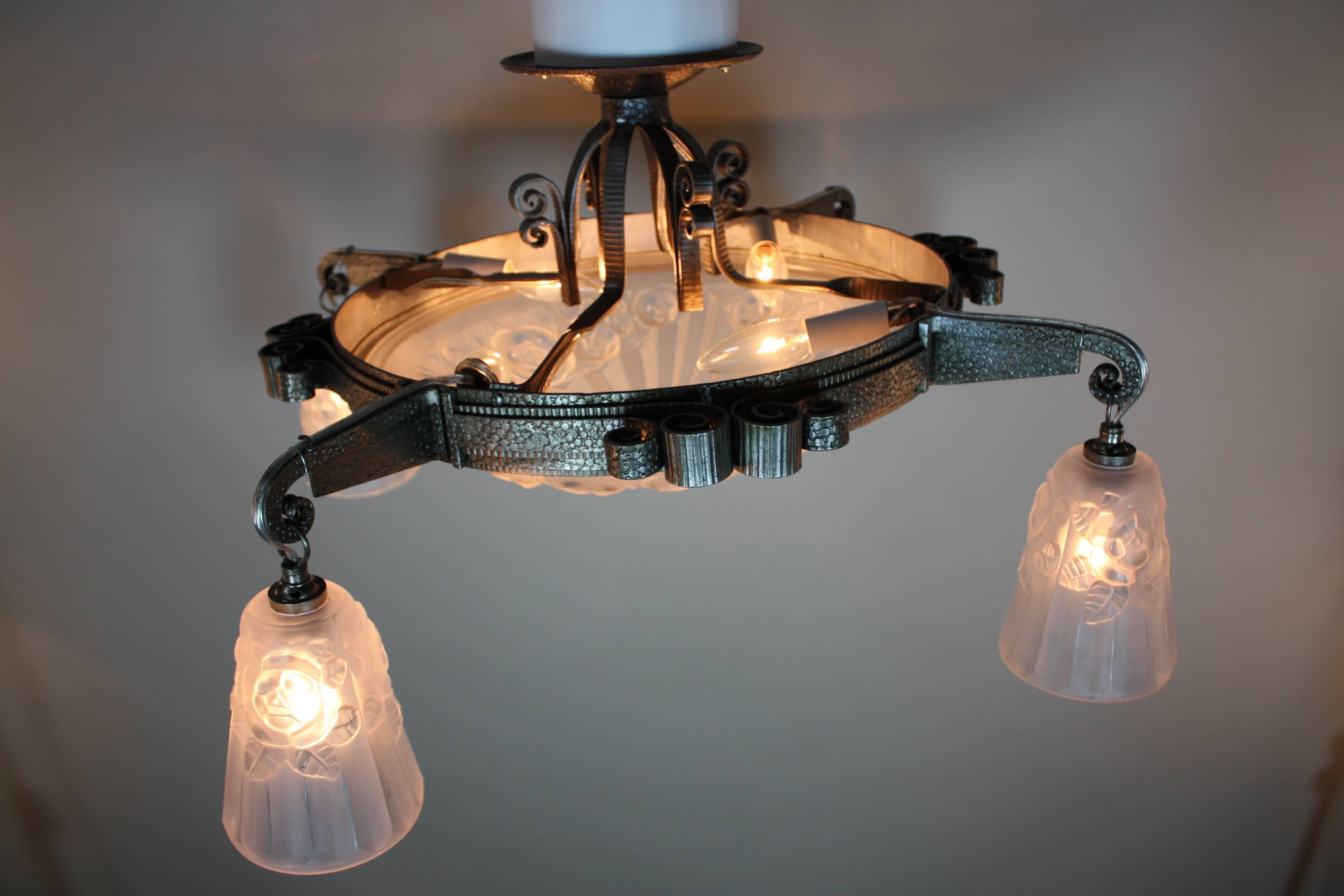 French Art Deco Flush Mount Chandelier by Degue 1
