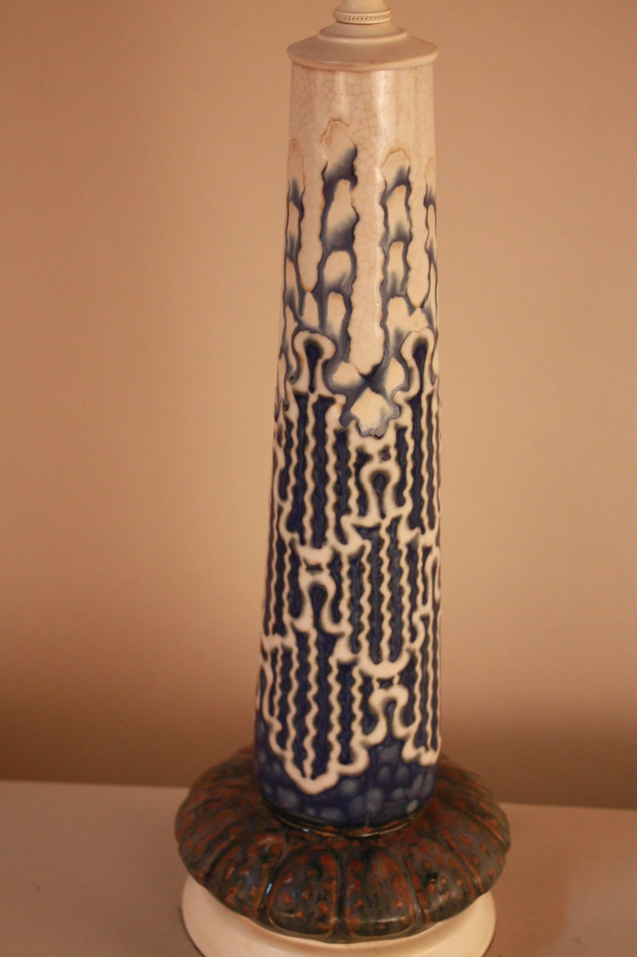 A Belgium art pottery vase from 1920s that has been customized to a table lamp and fitted with hardback silk lampshade.