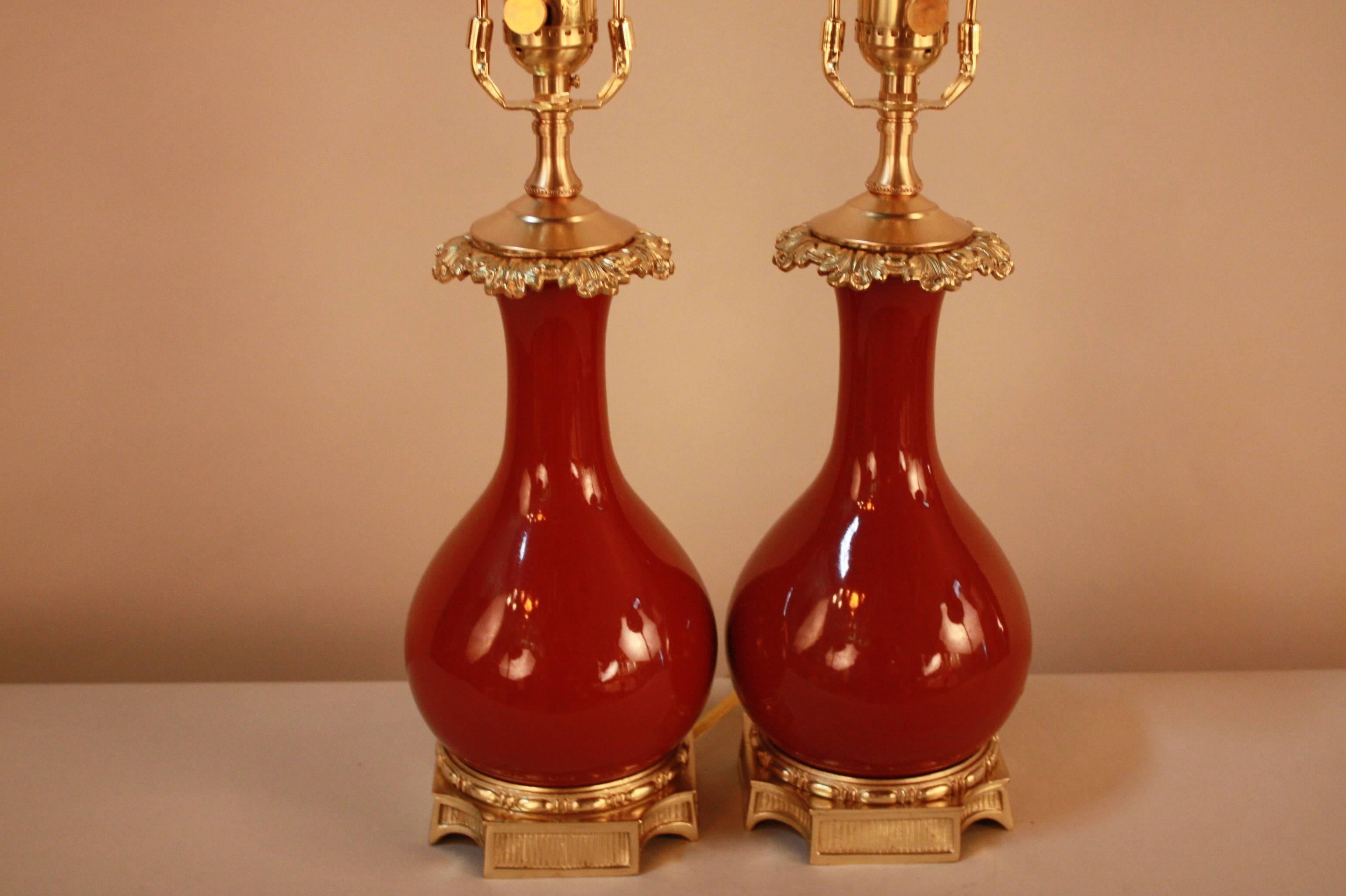 French Pair of 19th Century Sang de Boeuf Porcelain Table Lamps