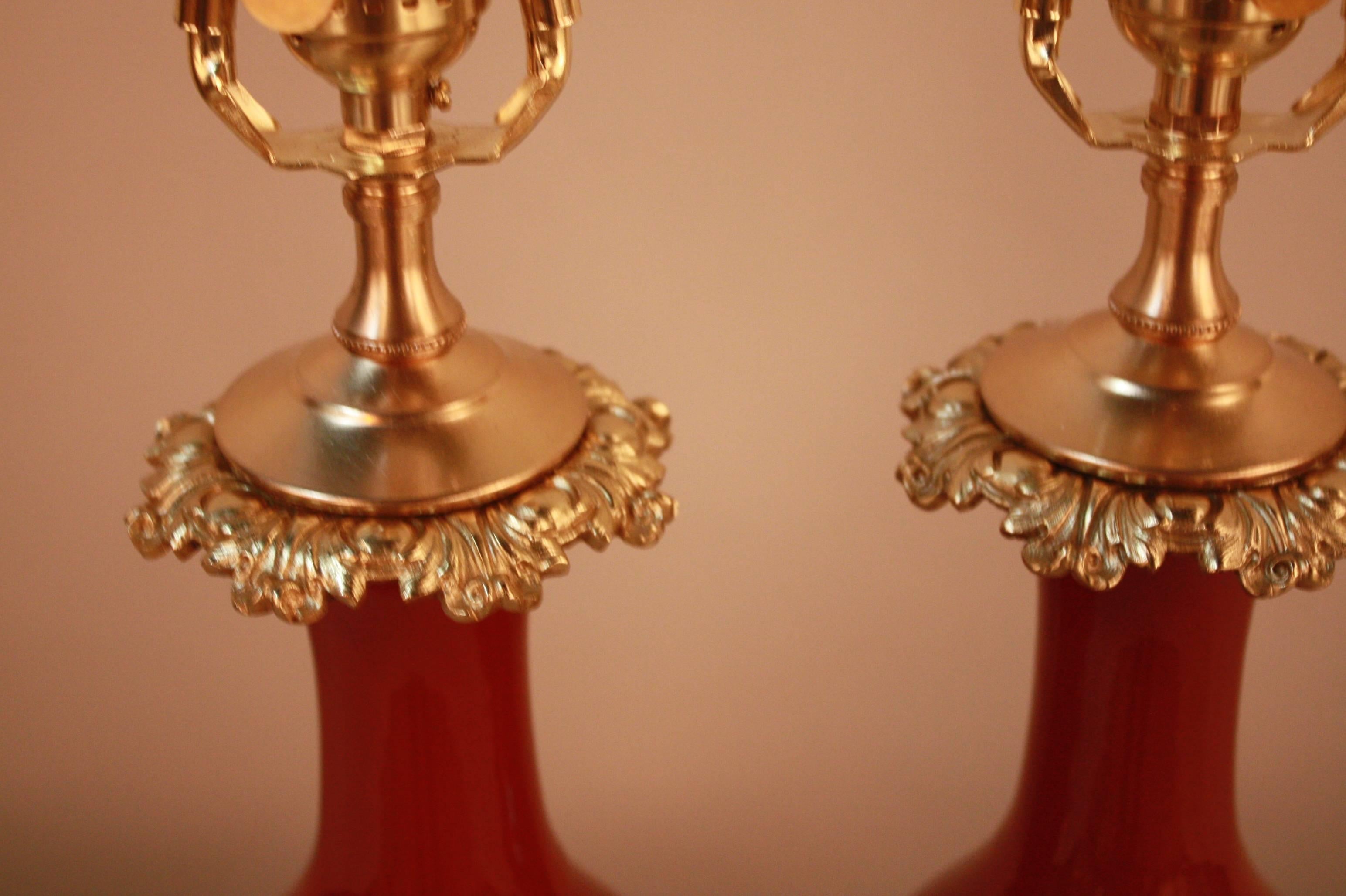 Bronze Pair of 19th Century Sang de Boeuf Porcelain Table Lamps