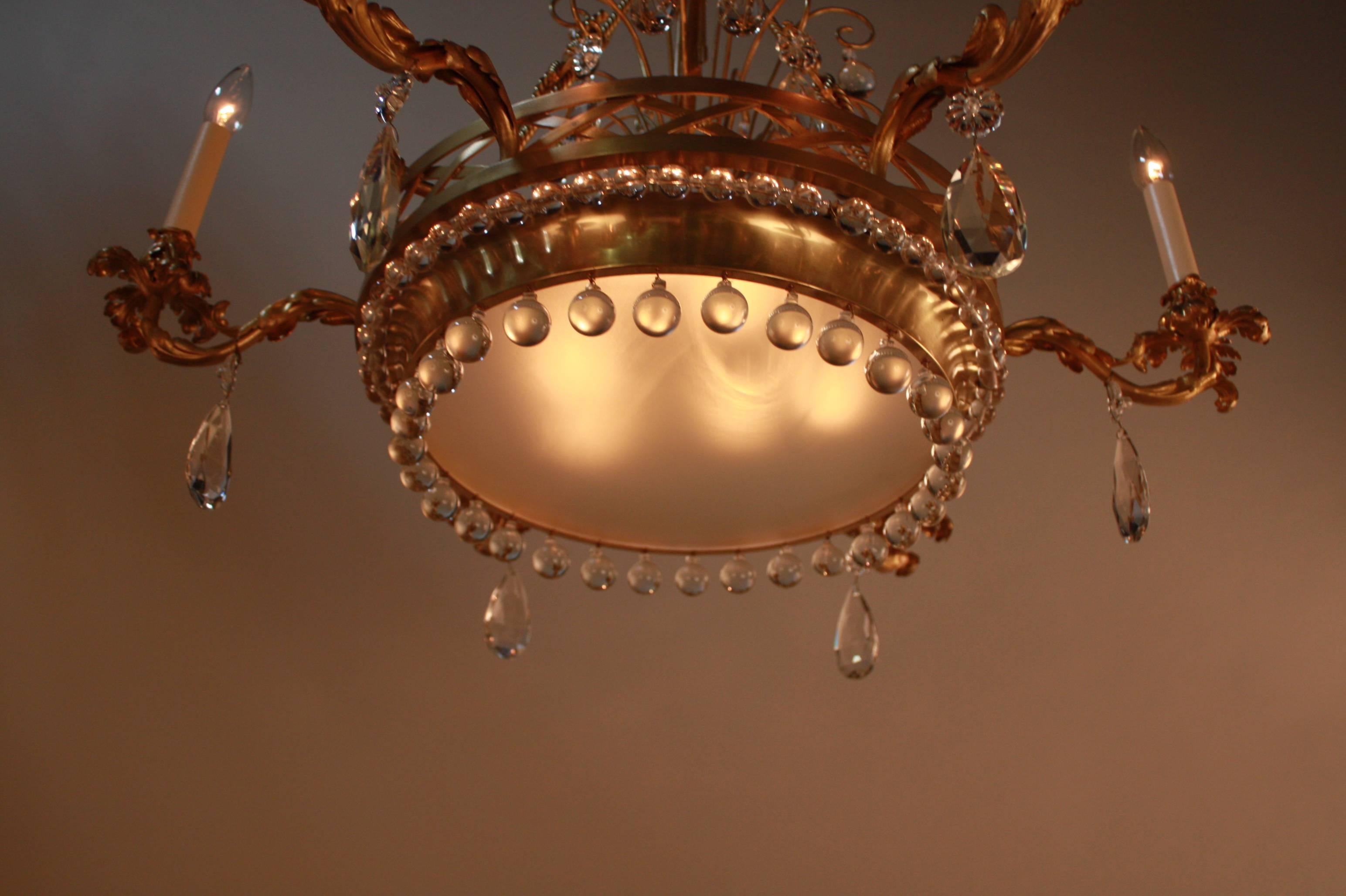 Bronze French Mid-Century Crystal Chandelier