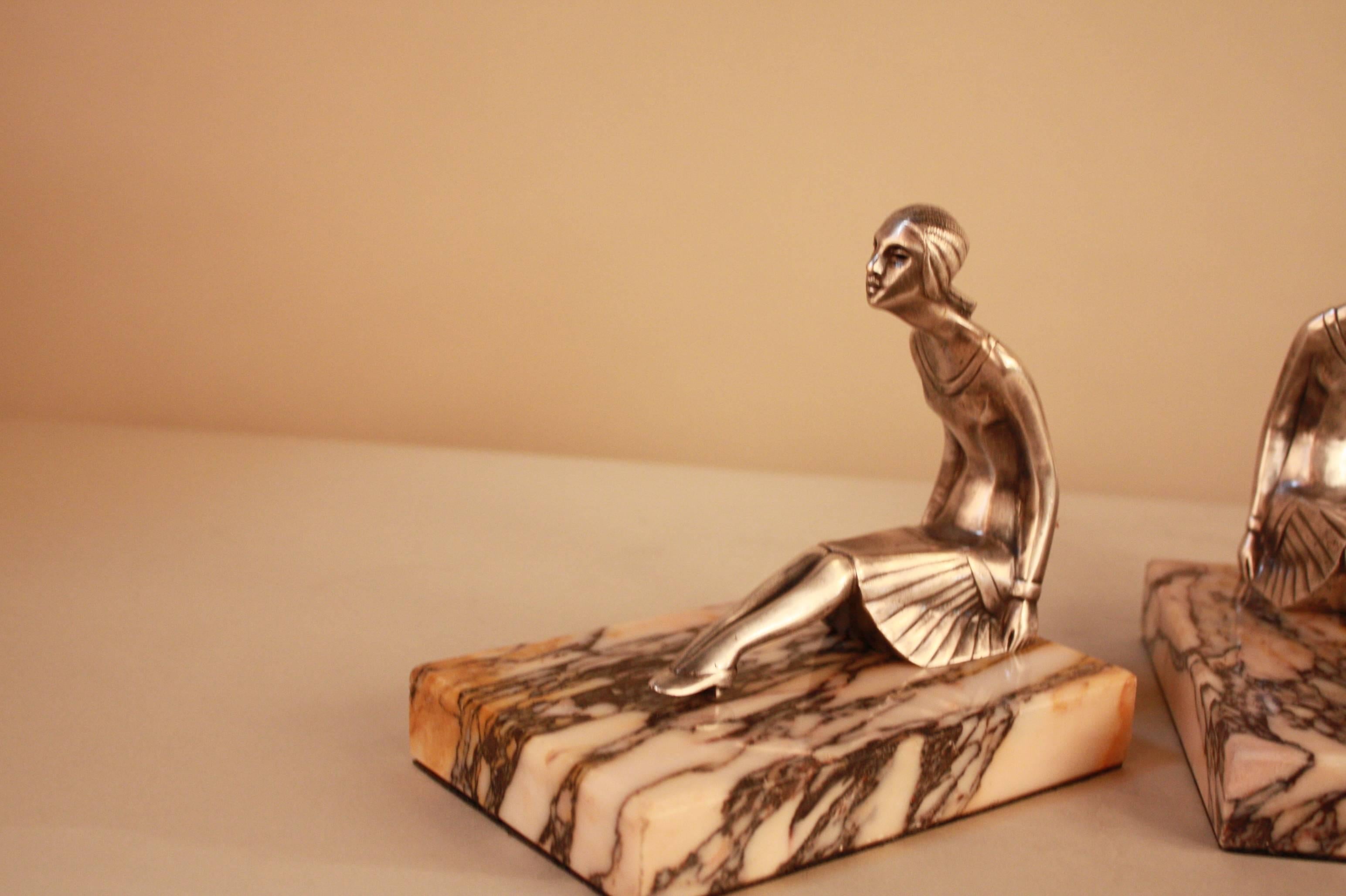 French Silver on Bronze Art Deco Bookends In Good Condition In Fairfax, VA