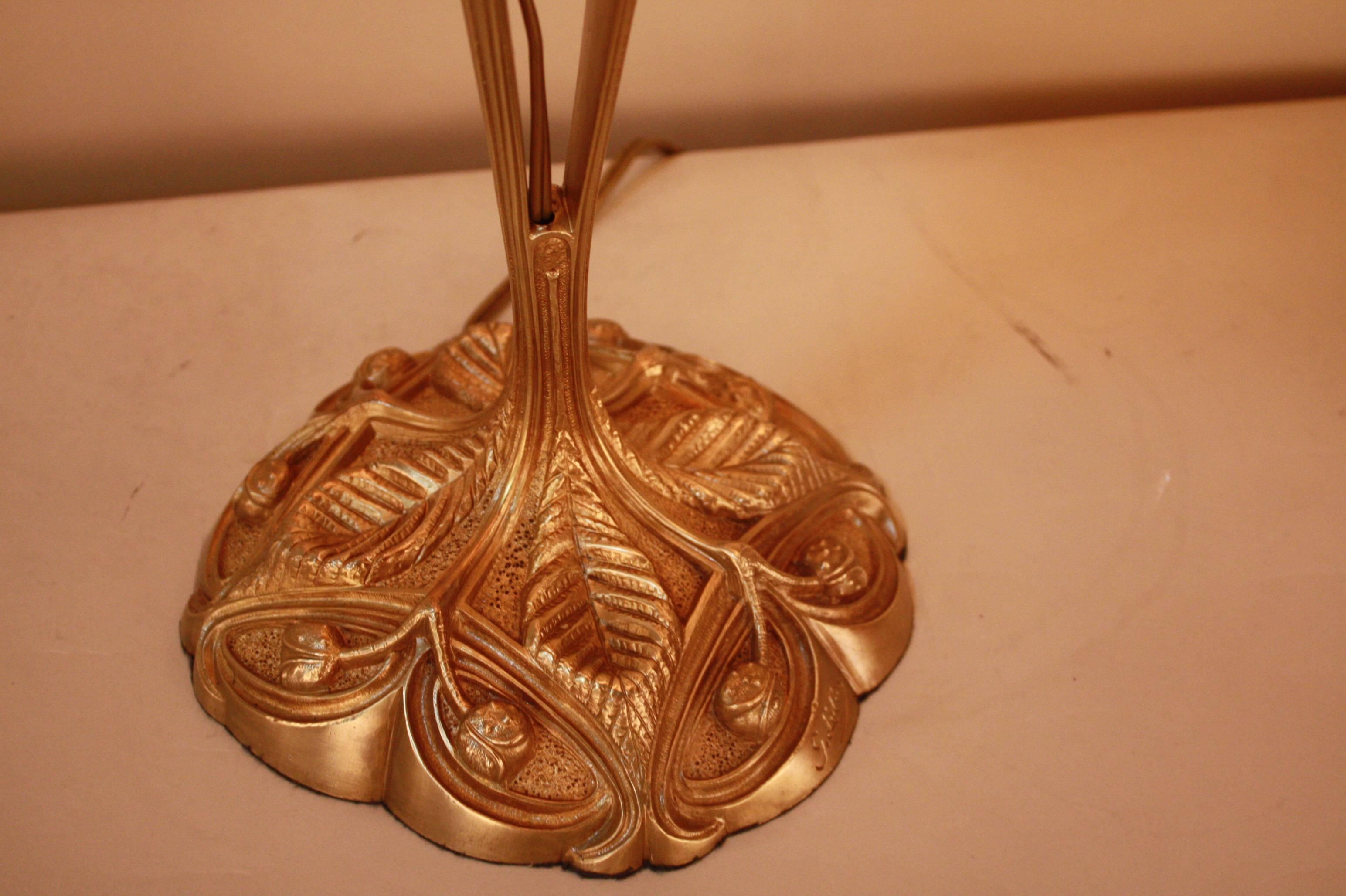 Art Nouveau French Bronze Electrified Oil Lamp by G. Leleu