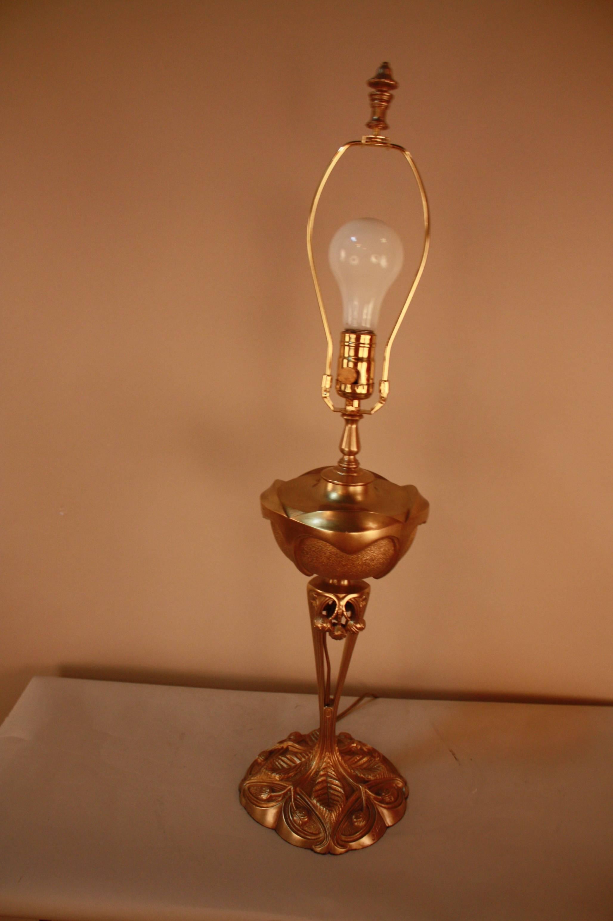 French Bronze Electrified Oil Lamp by G. Leleu In Good Condition In Fairfax, VA