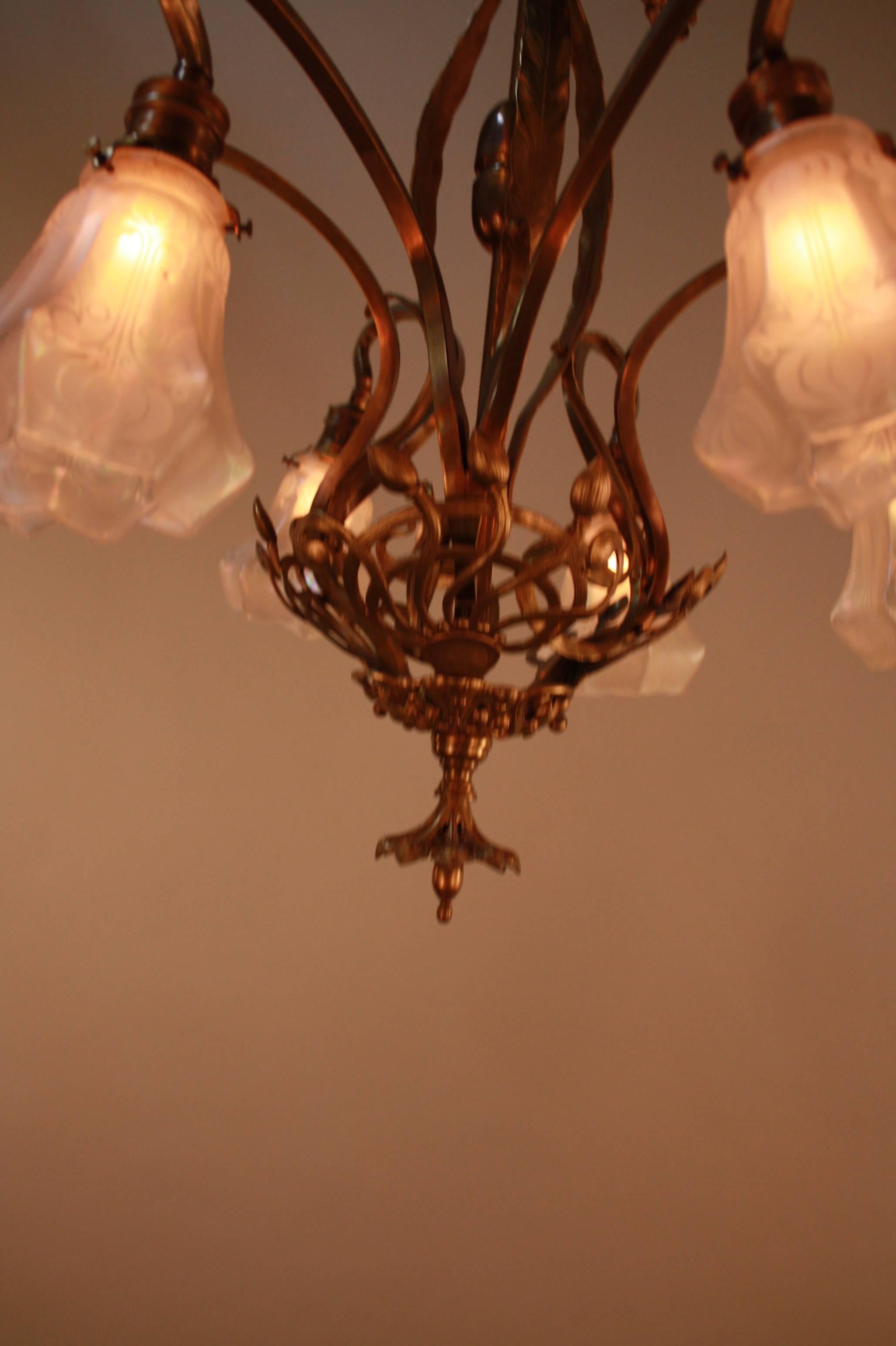 French Art Nouveau Bronze and Art Glass Chandelier In Good Condition In Fairfax, VA