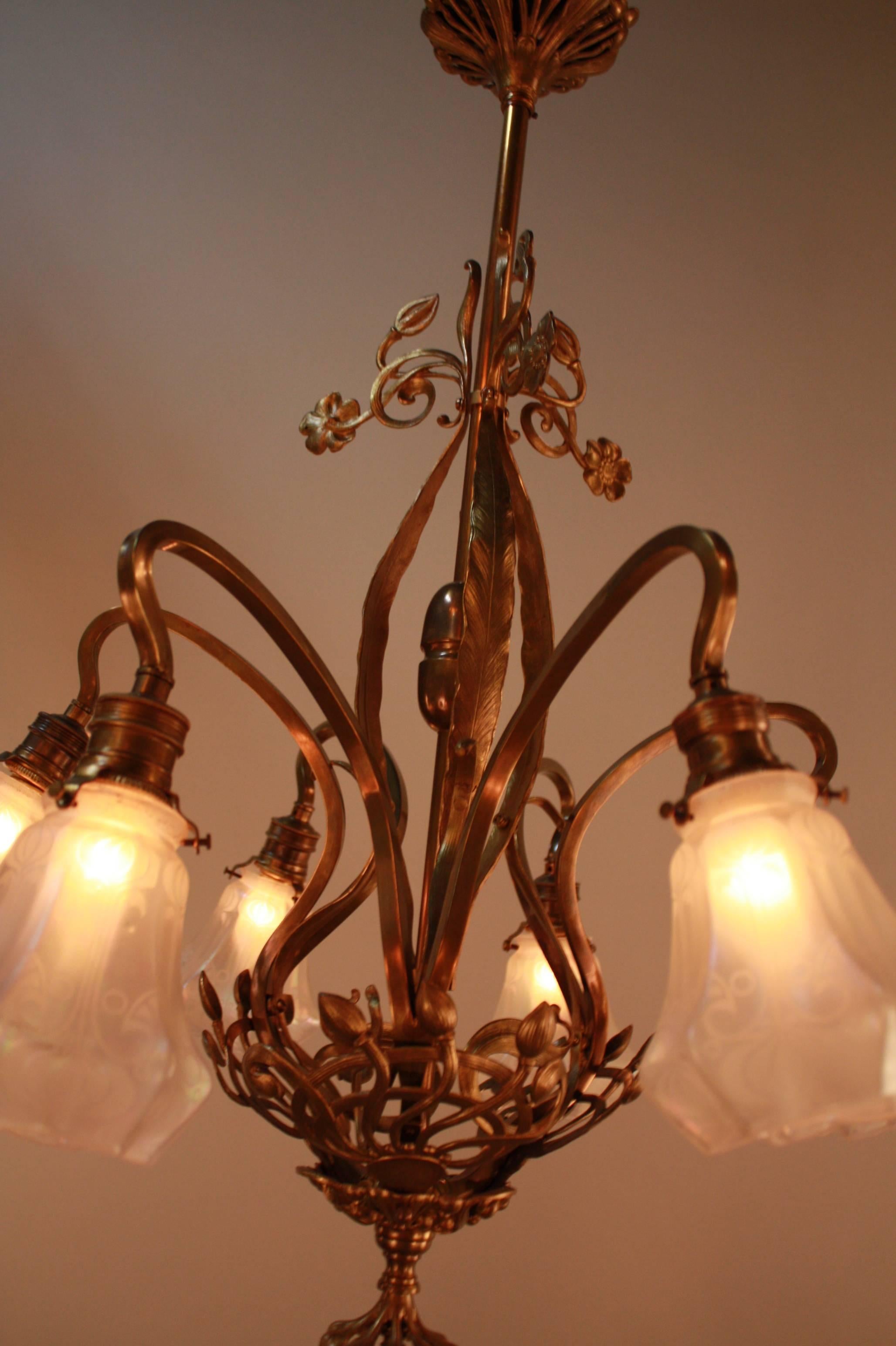 Early 20th Century French Art Nouveau Bronze and Art Glass Chandelier