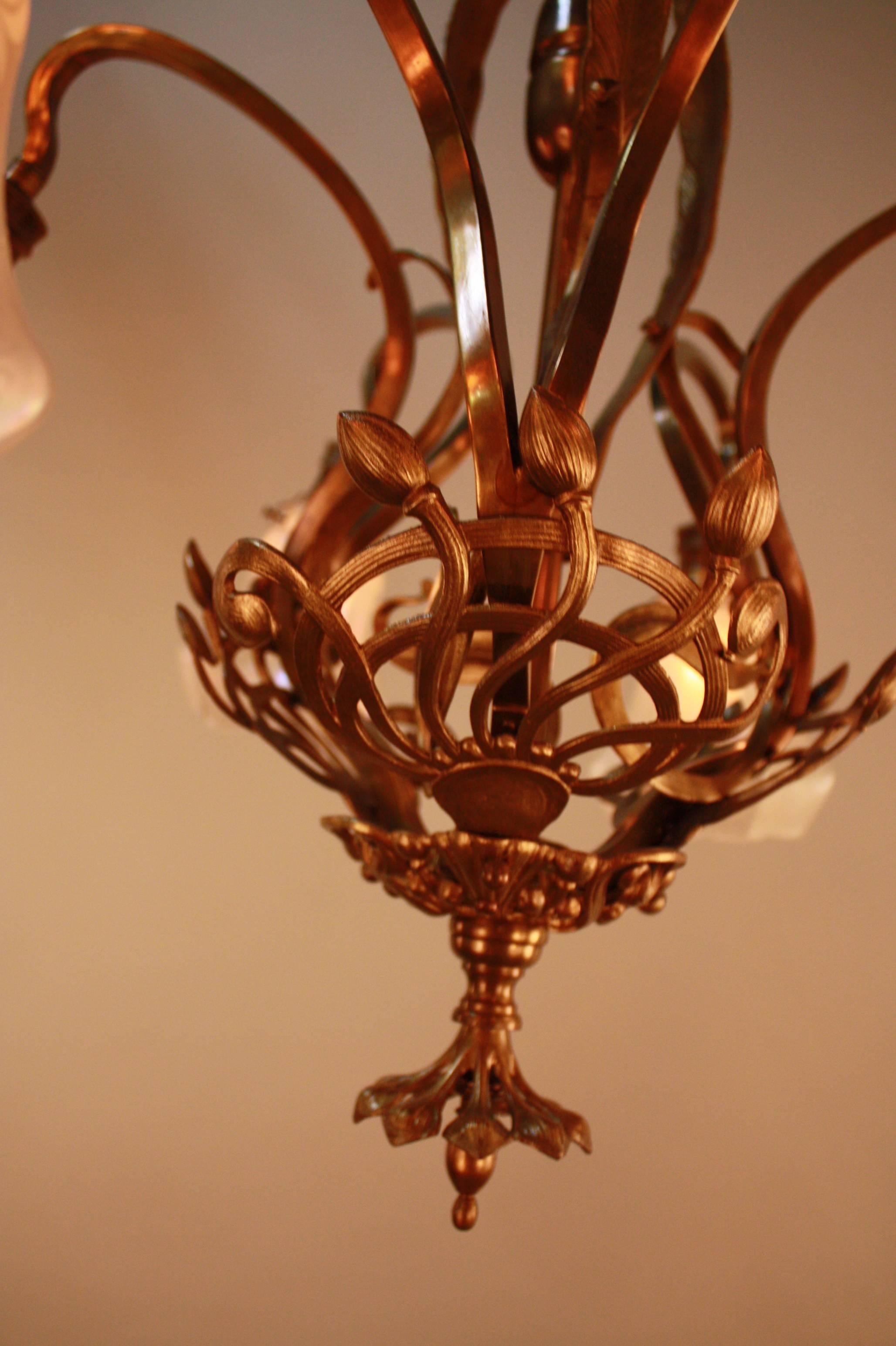 French Art Nouveau Bronze and Art Glass Chandelier 3