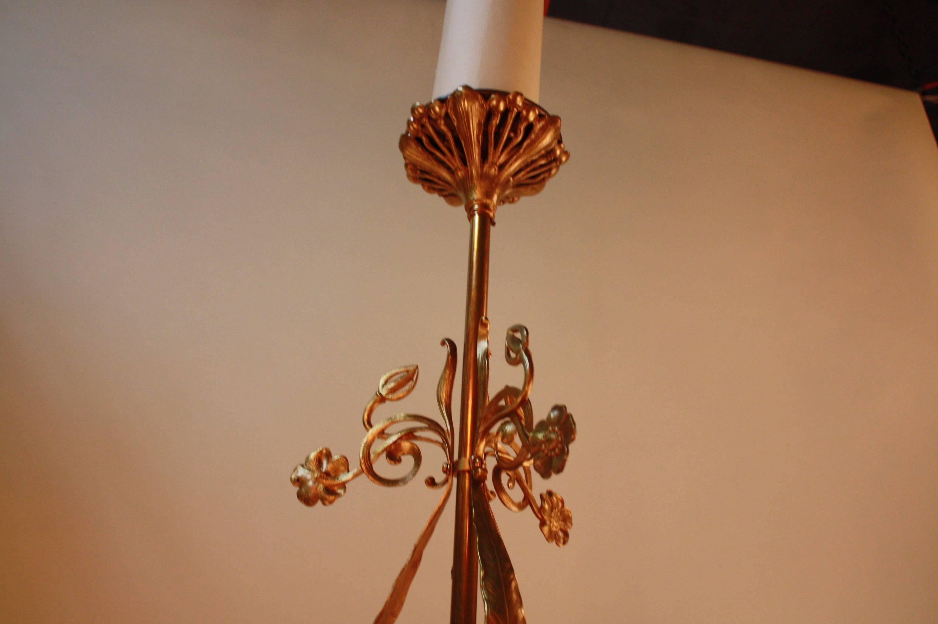 French Art Nouveau Bronze and Art Glass Chandelier 5