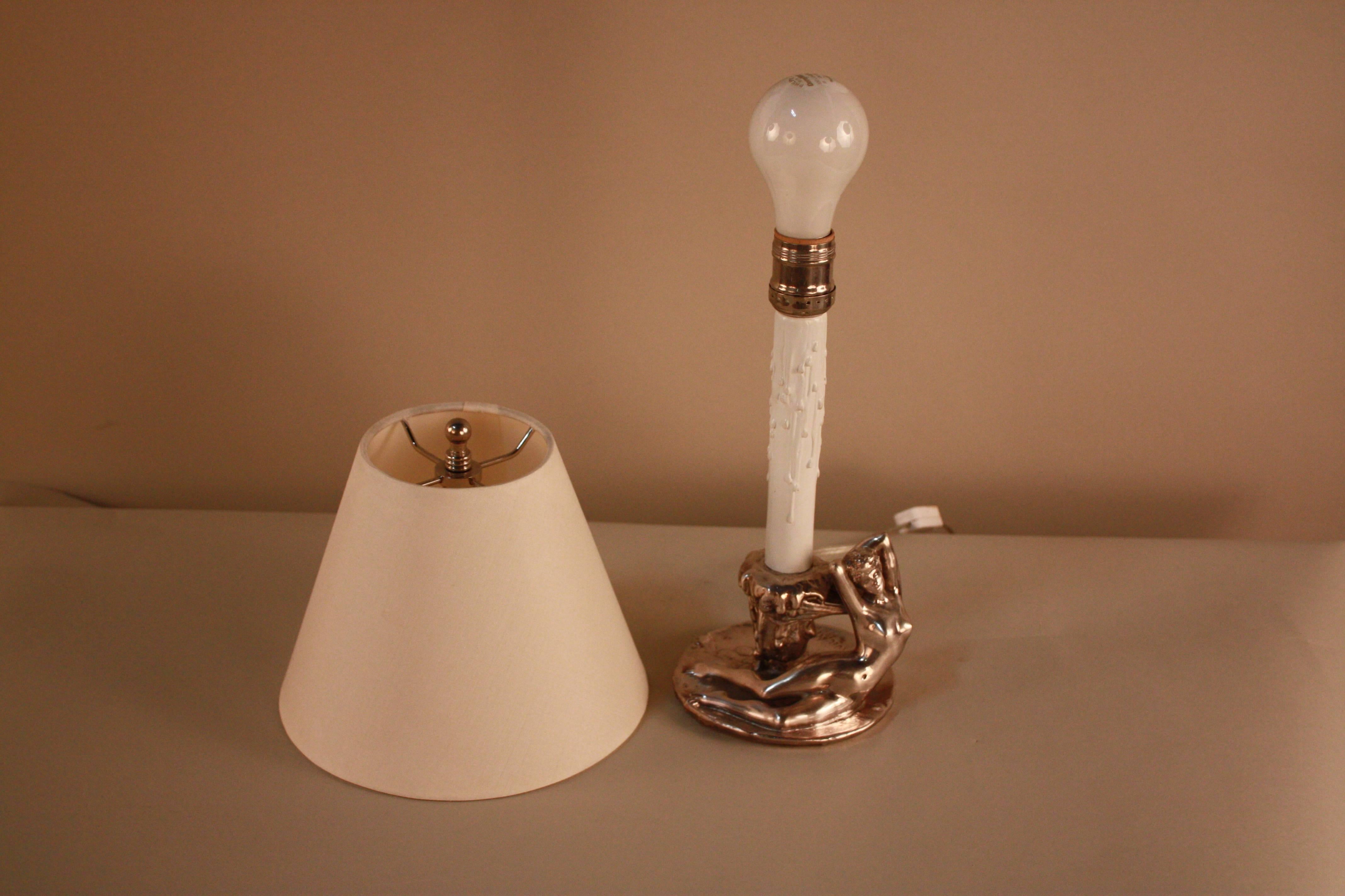 Silver Plate Art Nouveau Sclupture Candle Stick Table Lamp by Jules Jouant