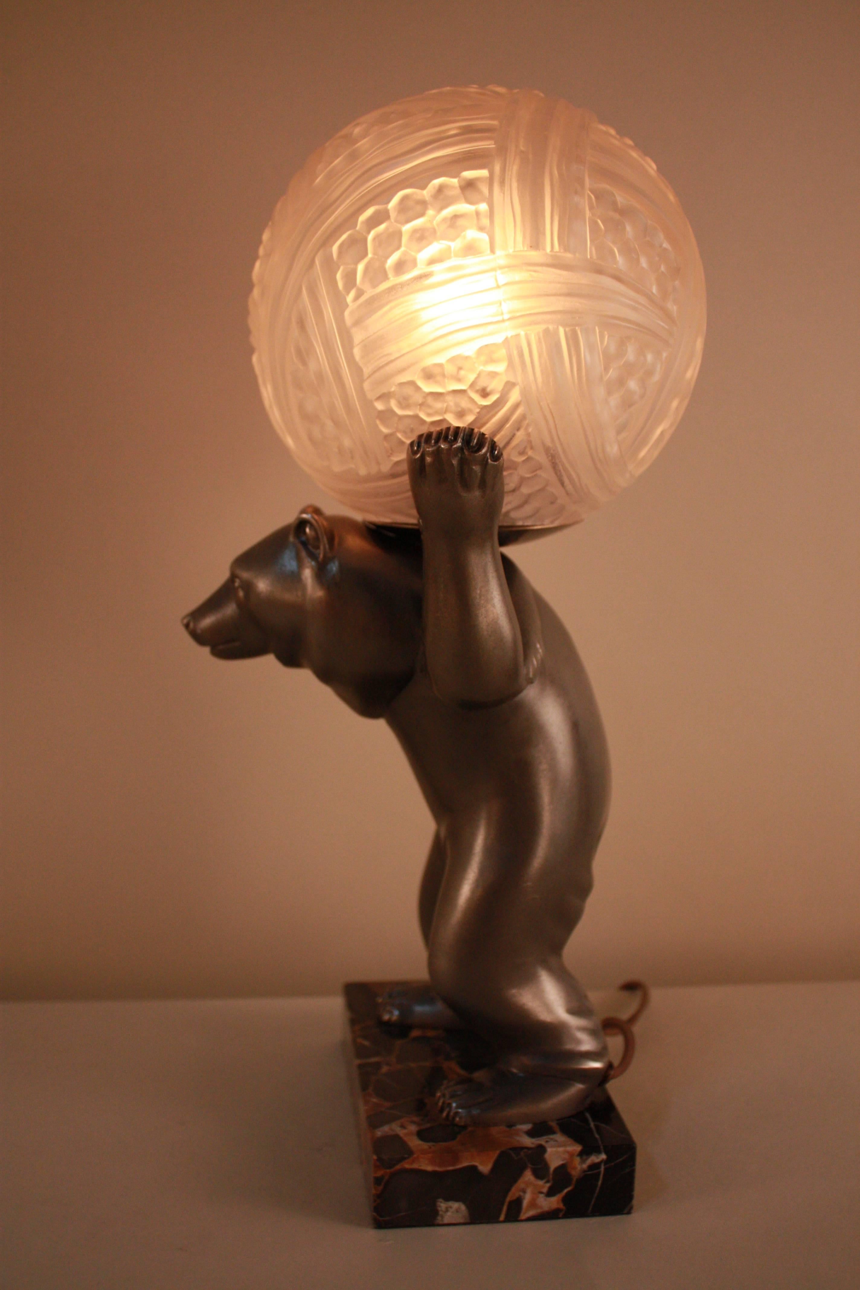 Glass French Art Deco Bear Table Lamp by Hettier & Vincent