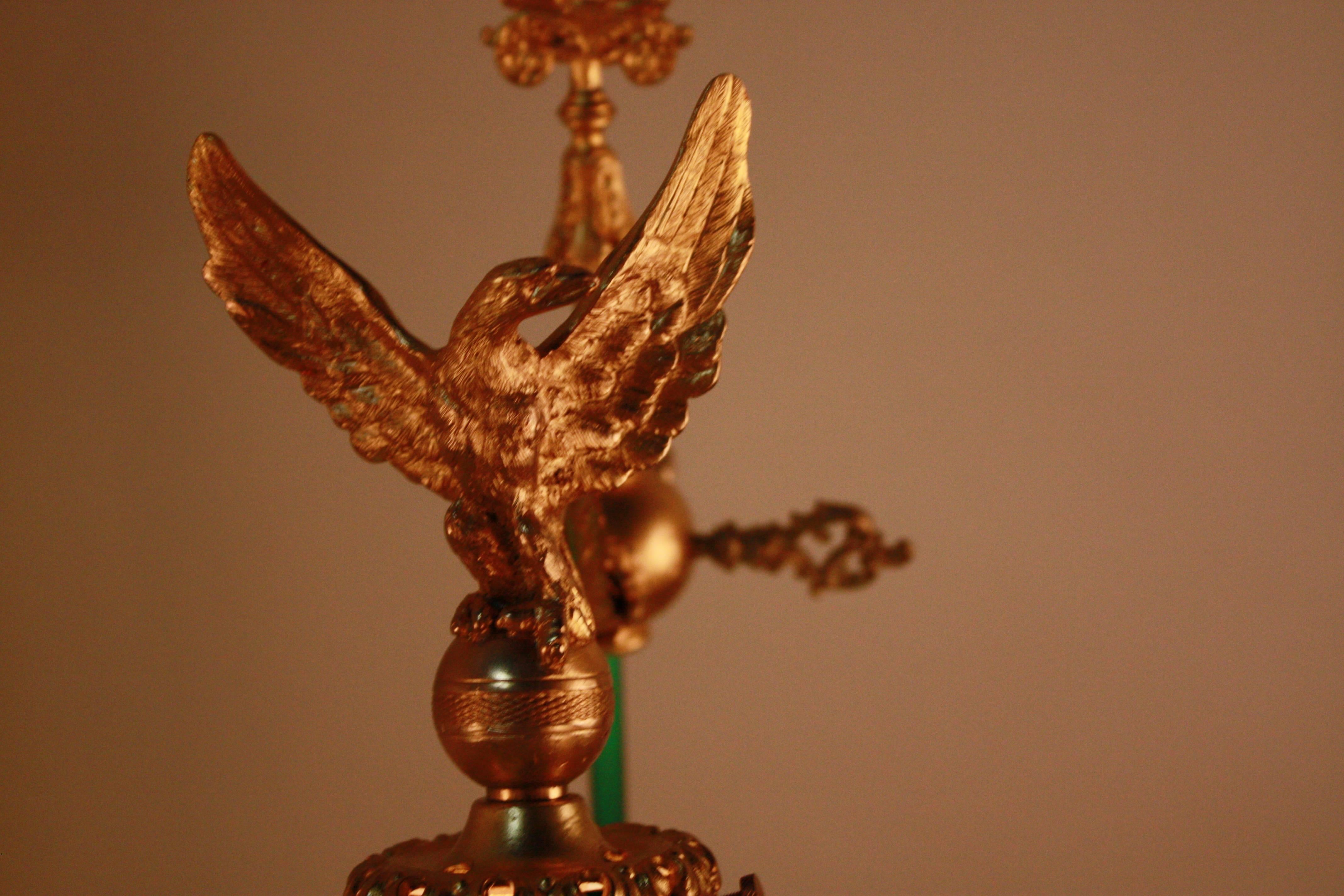 Early 20th Century French Bronze Eagle Desk Lamp with Cased Green Shade