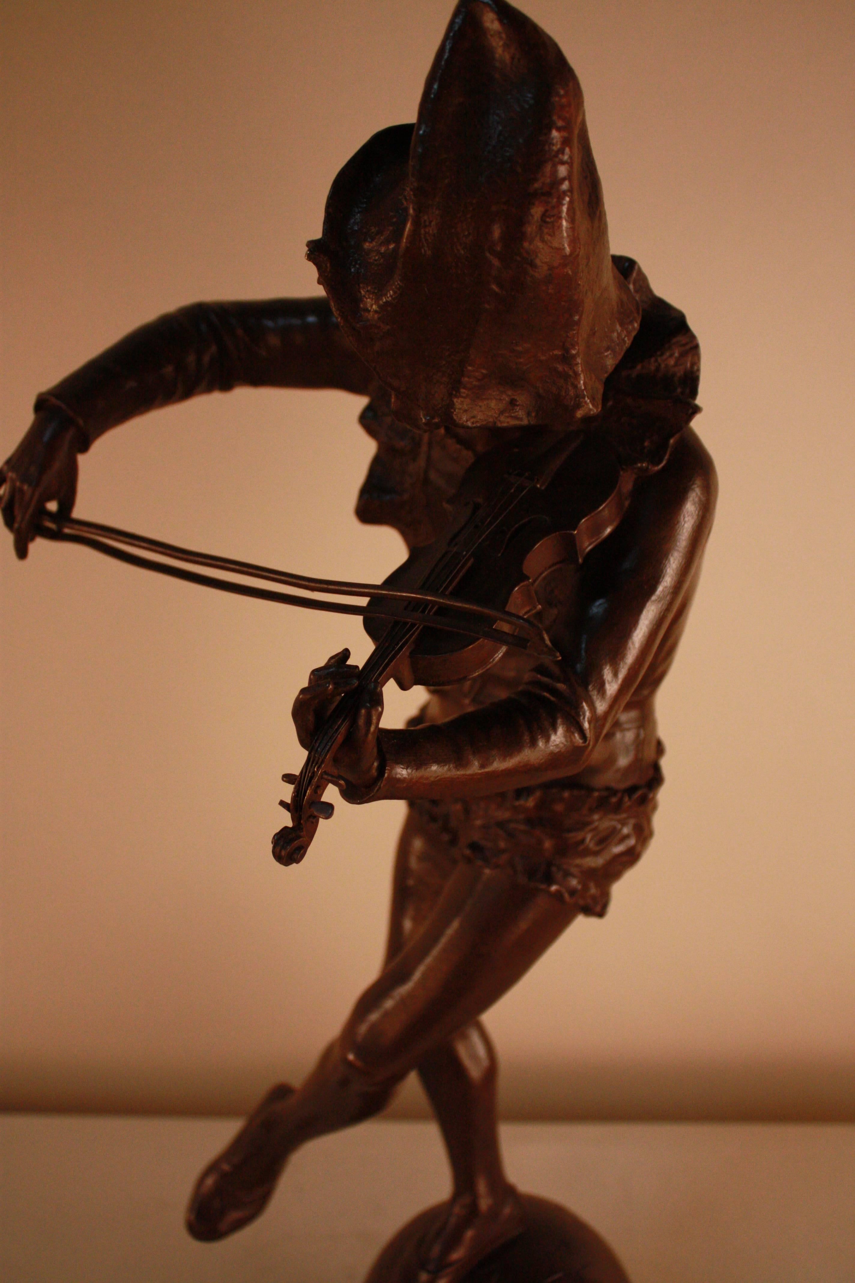 19th Century Bronze Sculpture of Harlequin Violinist by Jules Weyns