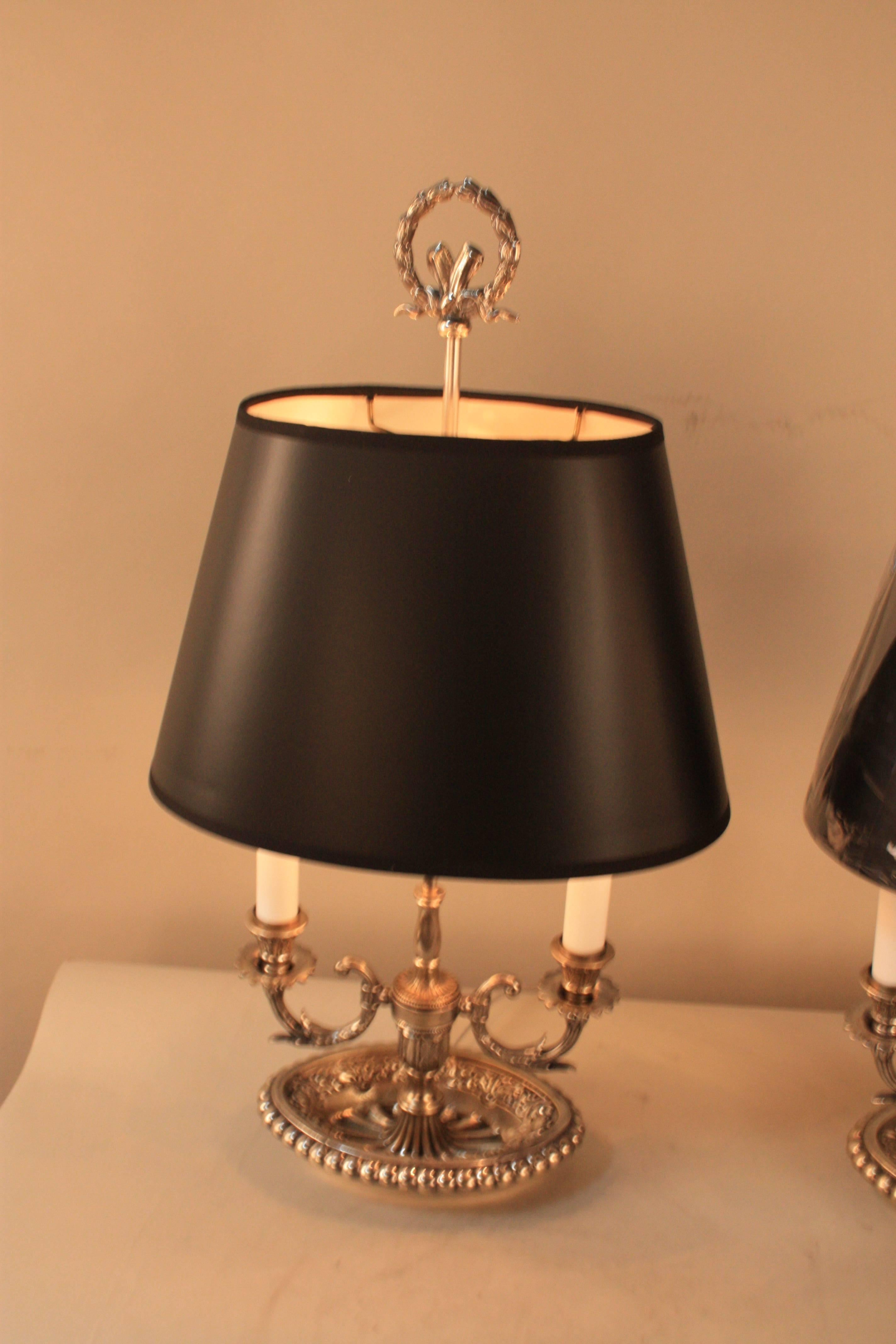 Pair of Silver or Bronze Bouillotte Desk Lamps 1
