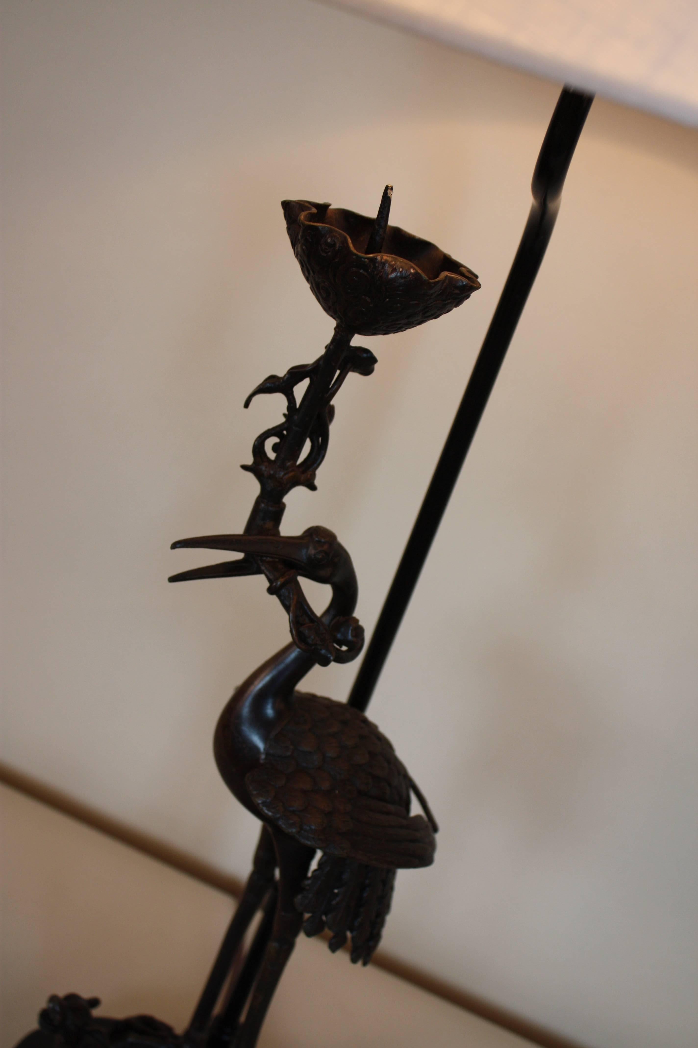 Lacquered Chinese Bronze Crane on the Turtle Table Lamp